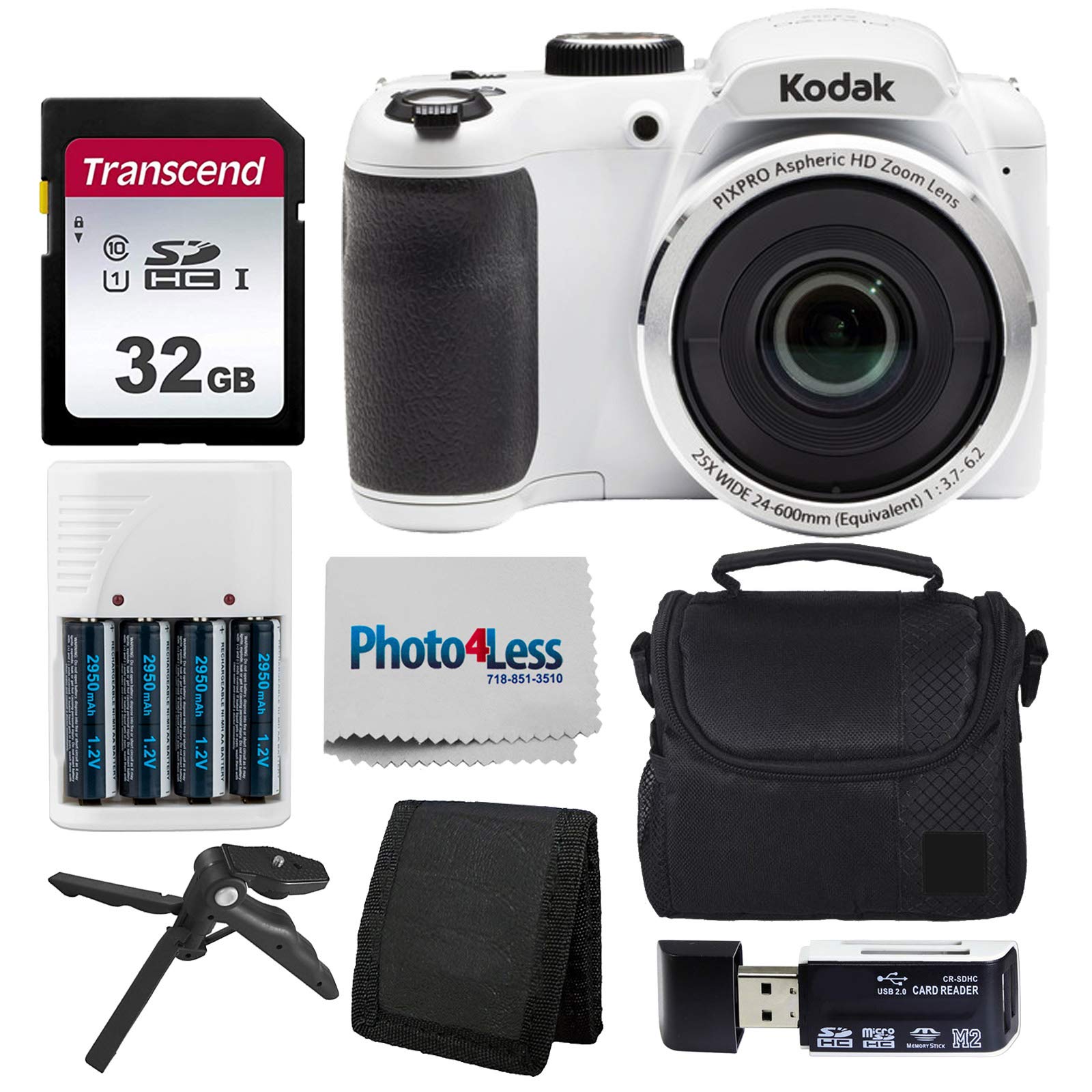 Amazon.com : Kodak PIXPRO AZ252 Astro Zoom 16MP Digital Camera (White) +  Point & Shoot Camera Case + Transcend 32GB SD Memory Card + Rechargeable  Batteries & Charger + USB Card Reader +