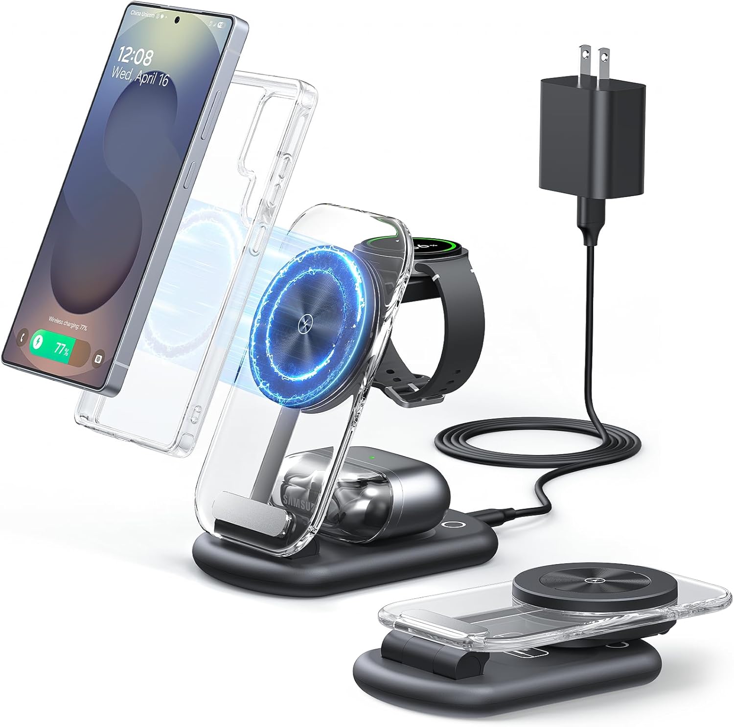 Cargador inalámbrico magnético 3 en 1 para Samsung, estación de carga inalámbrica MagSafe plegable para Samsung Galaxy S25 S24 UltraZ Fold7Z