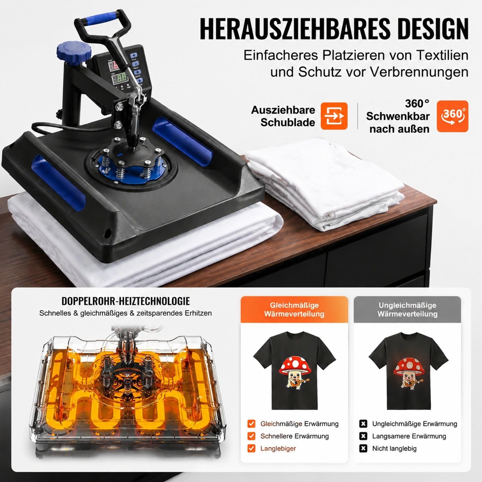 Hitzepresse 5 in 1, Schwarz Blau, Kunststoff und Aluminiumlegierung, für T-Shirts, Tassen, Hüte, Teller