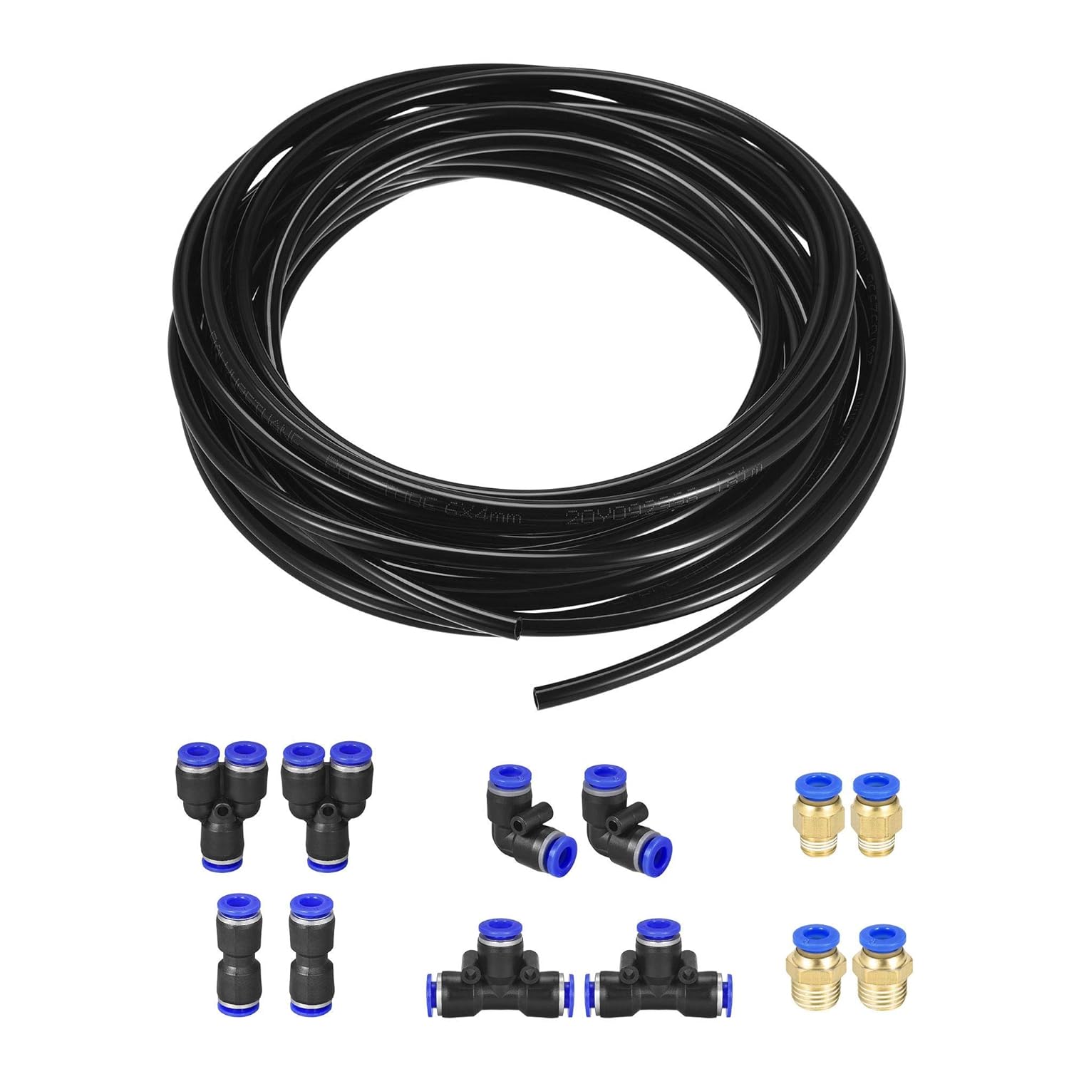 uxcell Pneumatic Air Hose Tubing PU Air Compressor Tube 4mm(5/32'') ID x 6mm(1/4'') OD x 10m/32.8Ft Pipe Blue with Connect Fitting Kit