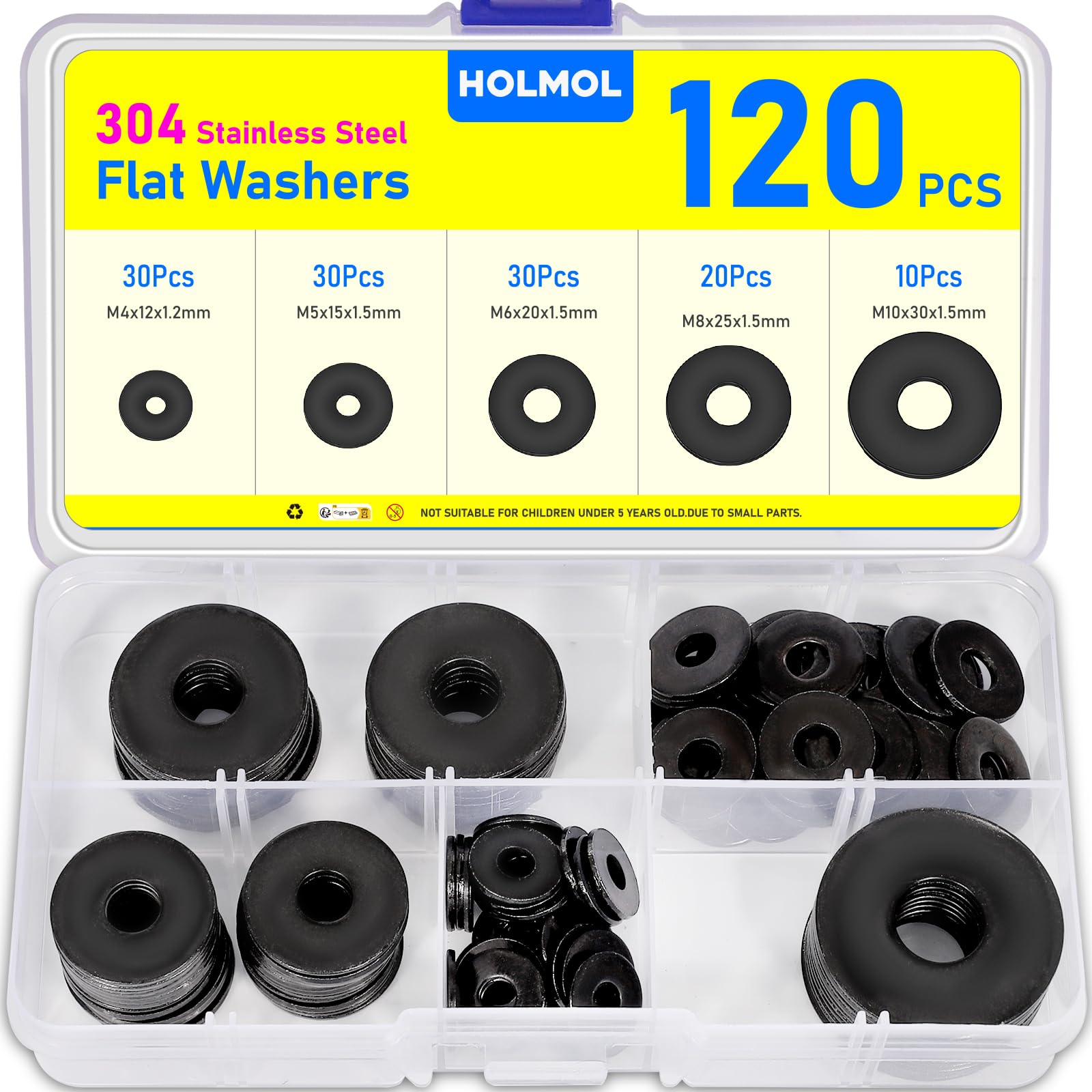 HOLMOL 120 Stück Unterlegscheiben Set Schwarz, Karosseriescheiben 5 Größen, Edelstahl Beilagscheiben Sortiment M4 M5 M6 M8 M10, Flach Unterlegscheiben Edelstahl, Beilagscheiben Set für Schrauben