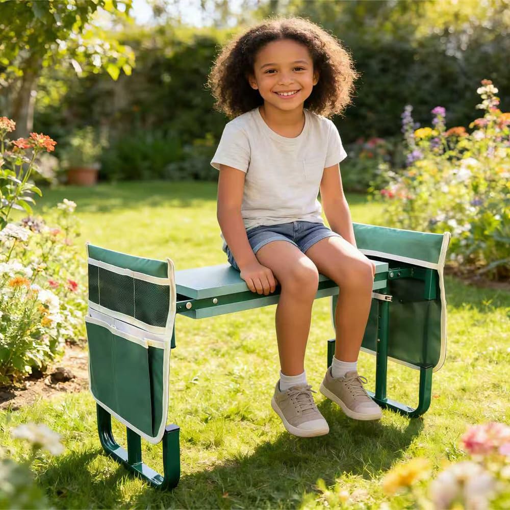 Banc de Genou de Tabouret de Jardin Pliable,Tabouret Genoux Jardin en Hauteur 60x52x27cm,Tabouret à Genoux de Jardinage avec Aide à se Relever,Sac à Outils,Tapis en Mousse Eva,pour le Camping,la Pêche