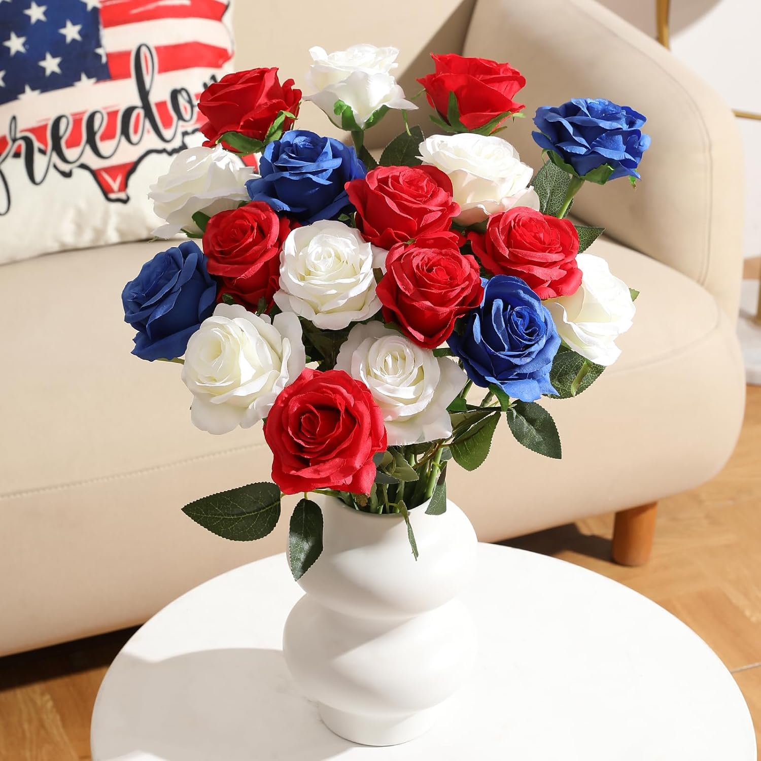 Hawesome 12PCS Artificial Silk Flowers Realistic Roses Bouquet Long Stem for Home Wedding Decoration Party (Red, White, Blue, 12Pcs Flowers)