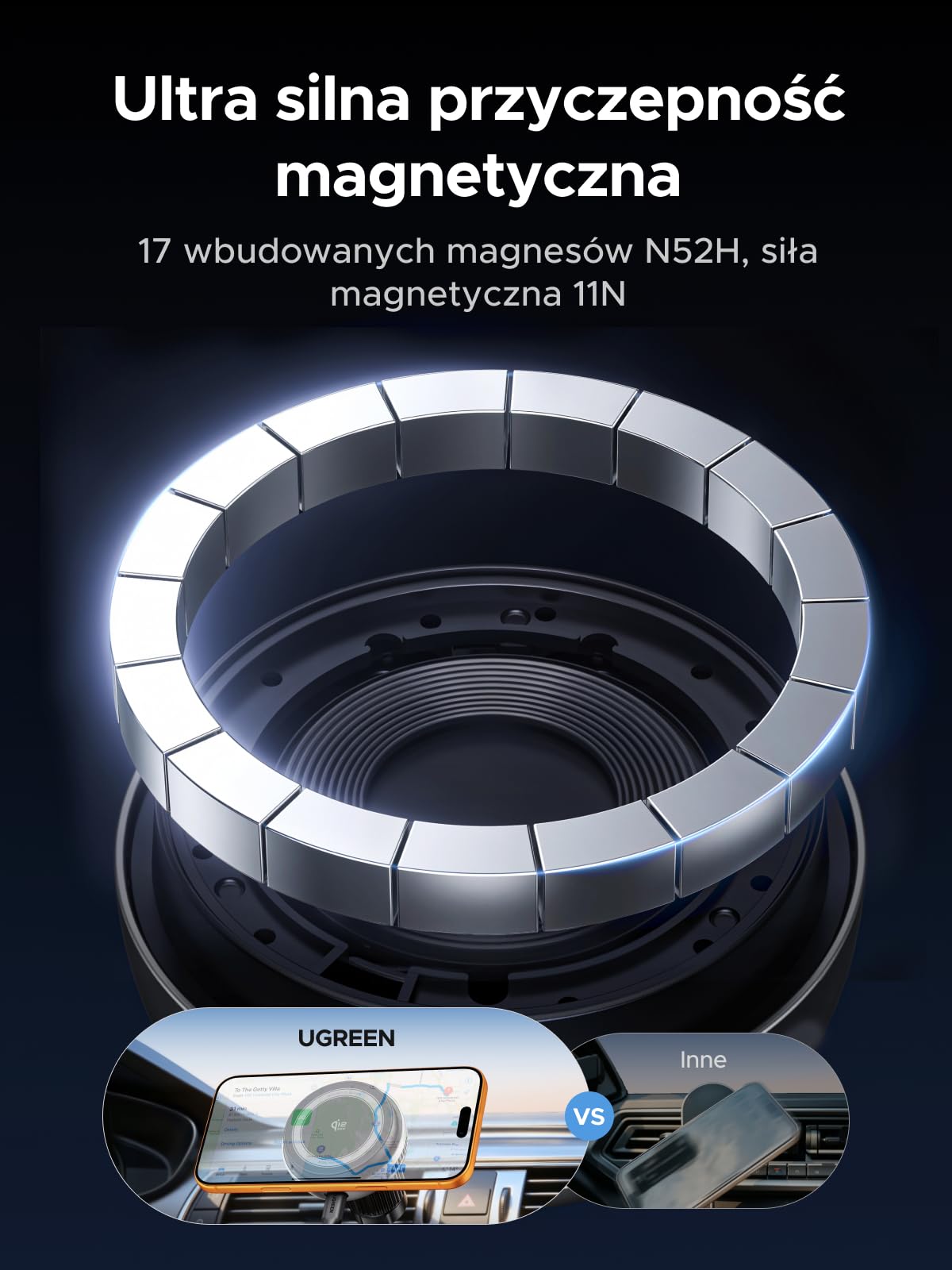 UGREEN Magflow Pro Uchwyt Samochodowy na Telefon z chłodzeniem 25W, Uchwyt Samochodowy MagSafe z Certyfikatem Qi2 i Funkcją ładowania Kompatybilny z serią iPhone 16-17 | Kompatybilny z iPhone 17/16/15/14/13/12 Pro Max Air Plus, chłodzenie TEC, cichy wenty