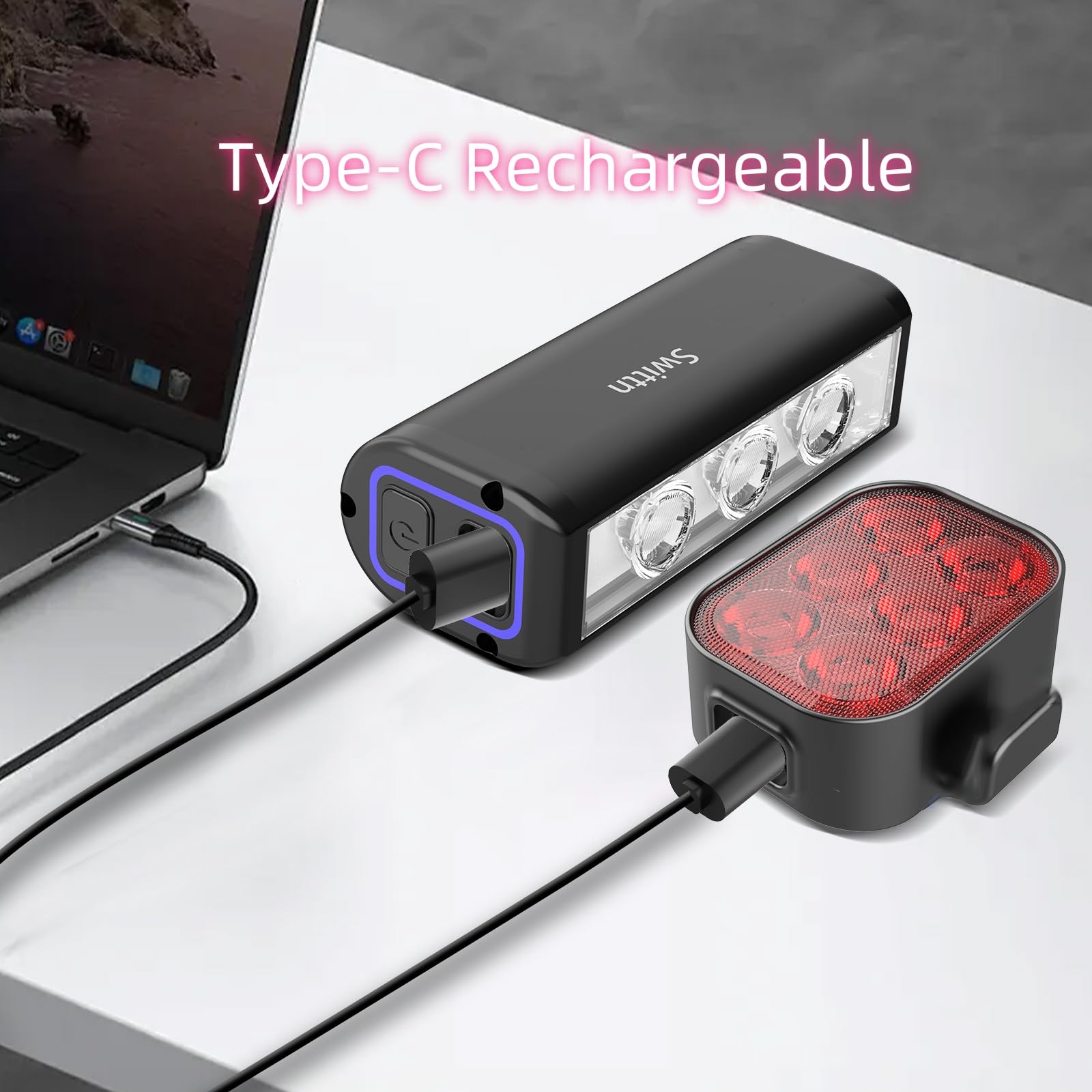 Luci anteriori e posteriori per bicicletta, 1500 lumen, per guida notturna, ricaricabili USB-C, 4+5 modalità di illuminazione, impermeabile IPX5