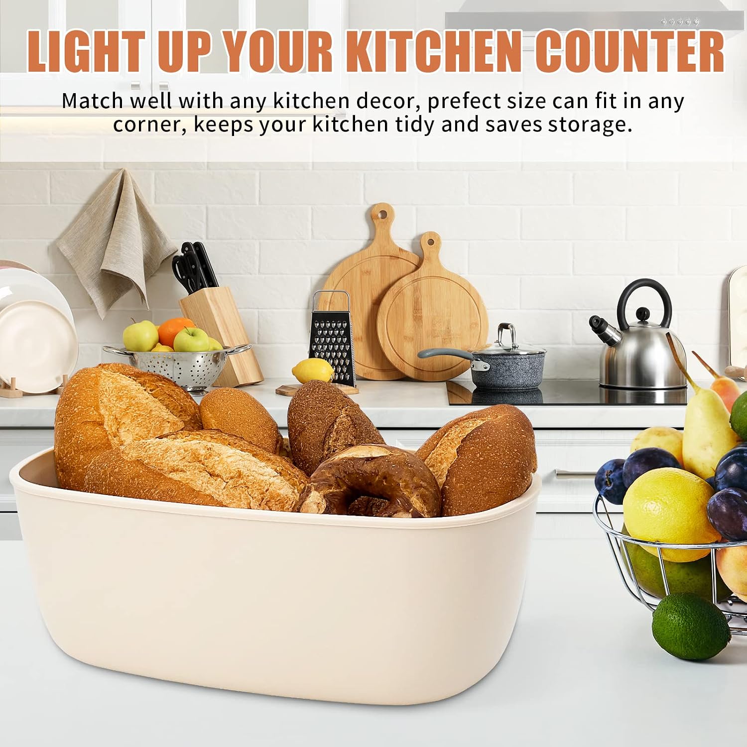 Bread Box With Bamboo Wood Cutting Board Lid & Bread Slicer Holder, Oval Cream Color Bread Container For Kitchen Countertop, 13.8 x 7.9 x 5.7in, Bread Storage Container