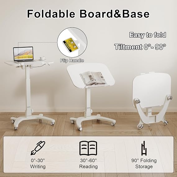 BONTEC Mobile Foldable Standing Desk, Portable Adjustable Height Desk with Gas Spring, Small Rolling Laptop Desk with Wheels for Home, Office, Bedroom, and Medical Use, 25.6 x 19.7 Desktop, White