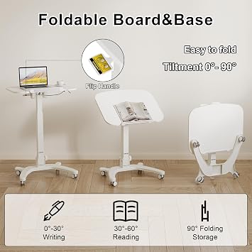 BONTEC Mobile Foldable Standing Desk, Portable Adjustable Height Desk with Gas Spring, Small Rolling Laptop Desk with Wheels for Home, Office, Bedroom, and Medical Use, 25.6 x 19.7 Desktop, White