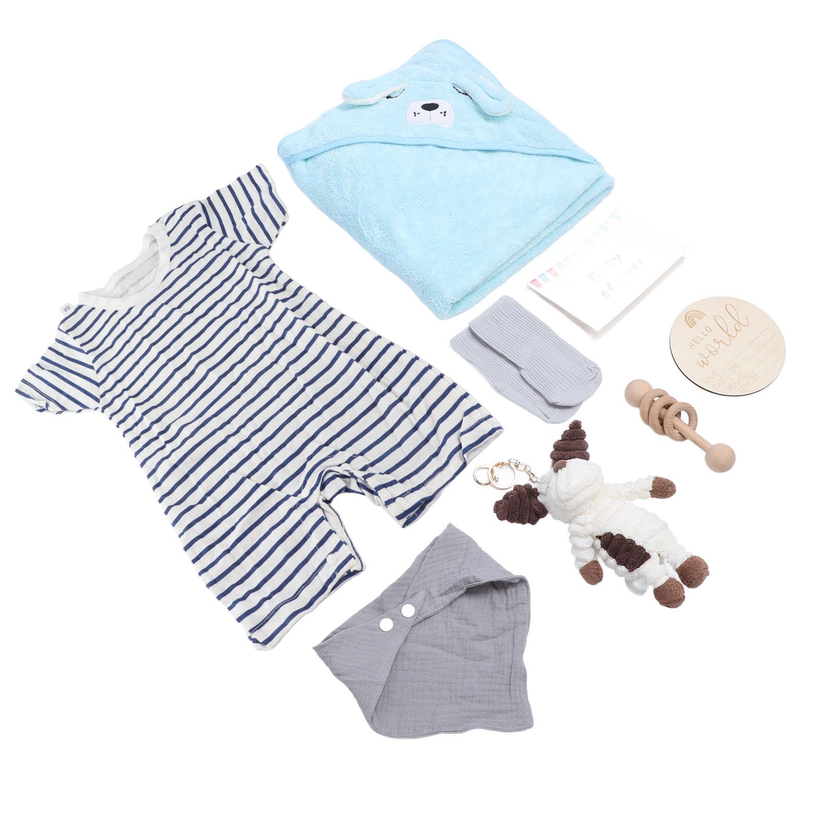 Jiawu Noworodek Prezenty na Baby Shower Zestaw Koszy dla Dziewczynek Chłopcy - Zawiera Urocze Ubranka dla Lalki Śliniaki Skarpetki Grzechotka Drewniana Zabawka i Kartka z życzeniami - Miękki Ręcznik
