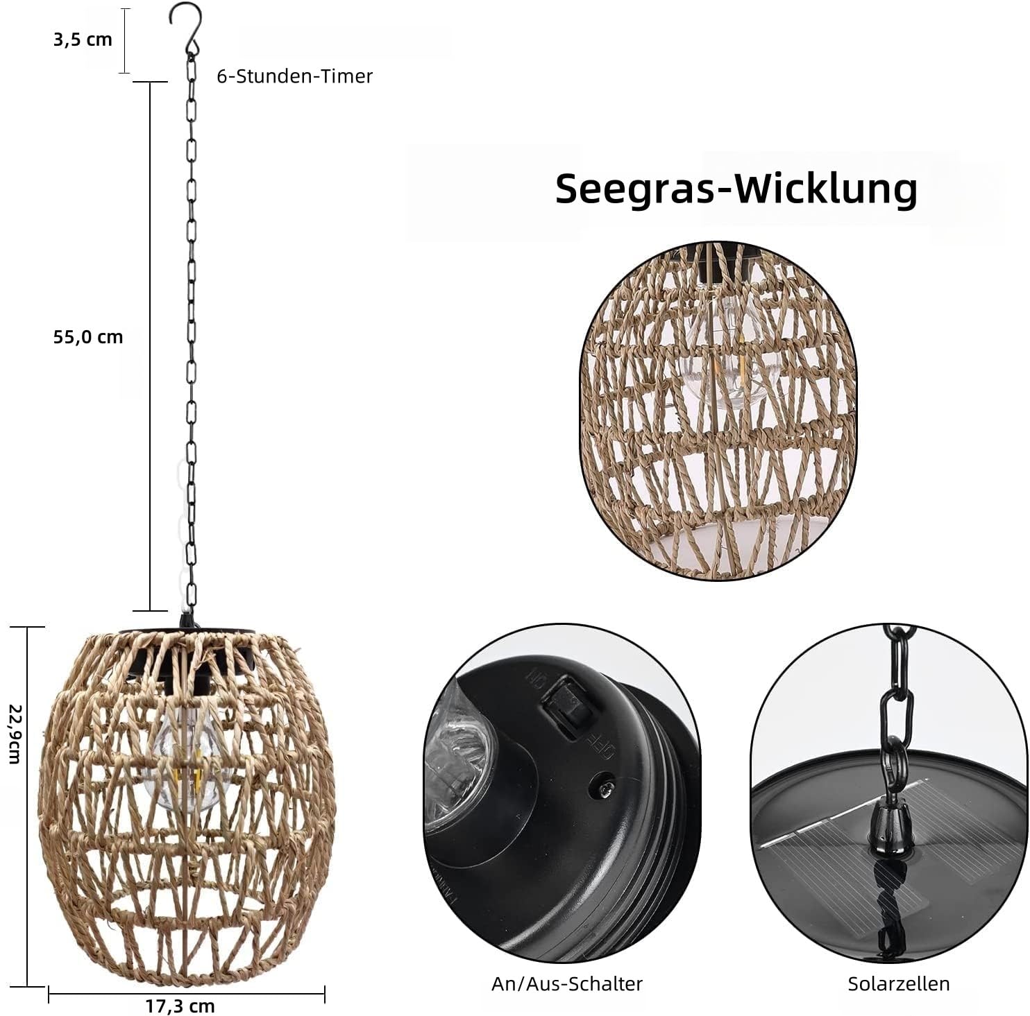pearlstar Lampade solari da appendere per esterni, in rattan, con catena, lanterne per esterni, resistenti alle intemperie, decorazione boho per giardino, balcone, terrazza, cortile e tavolo