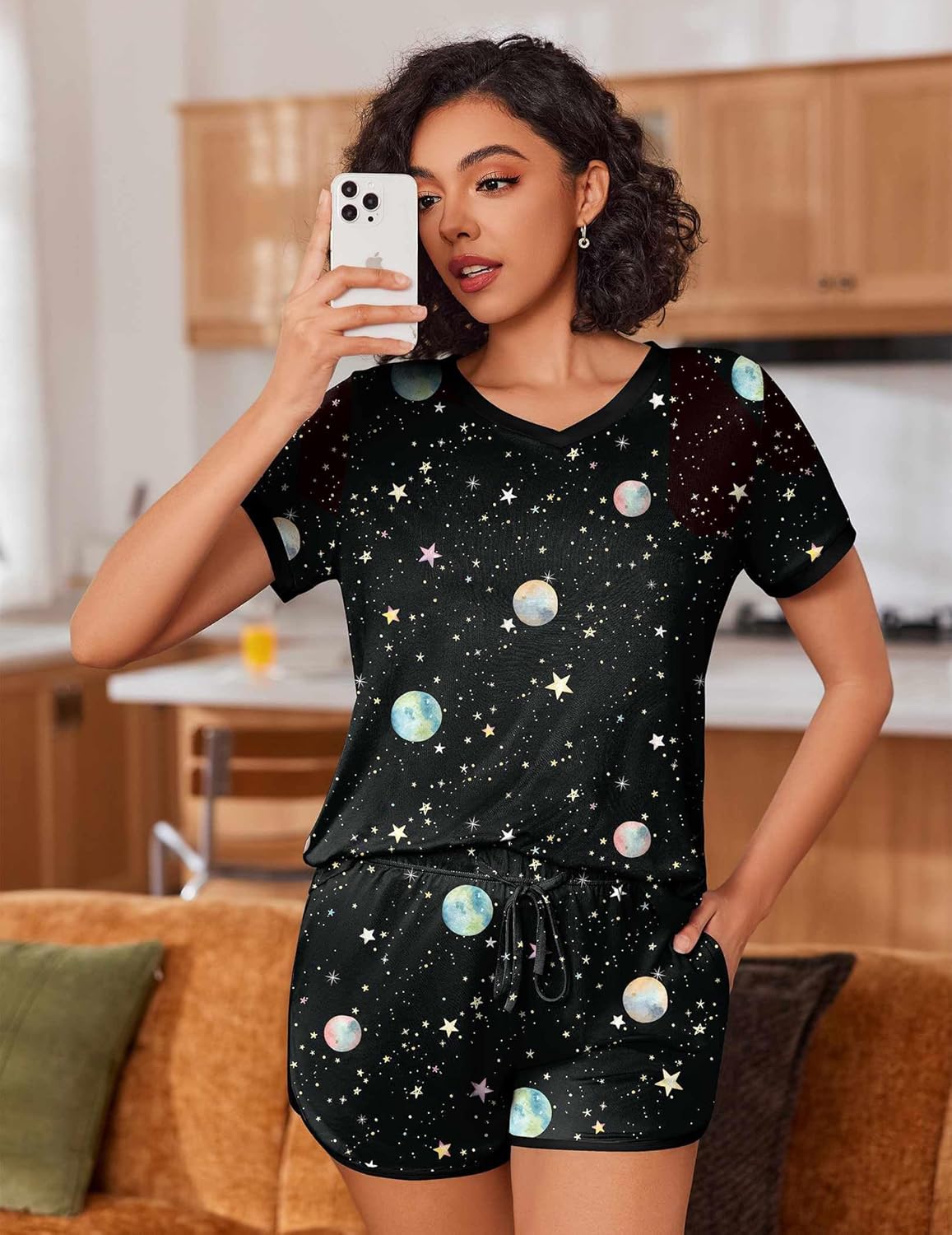 Ekouaer Womens Pajama Short Sets Lounge Sets for Women 2 Piece Soft Pjs Set Casual V Neck Sleepwear with Pockets - Image 4