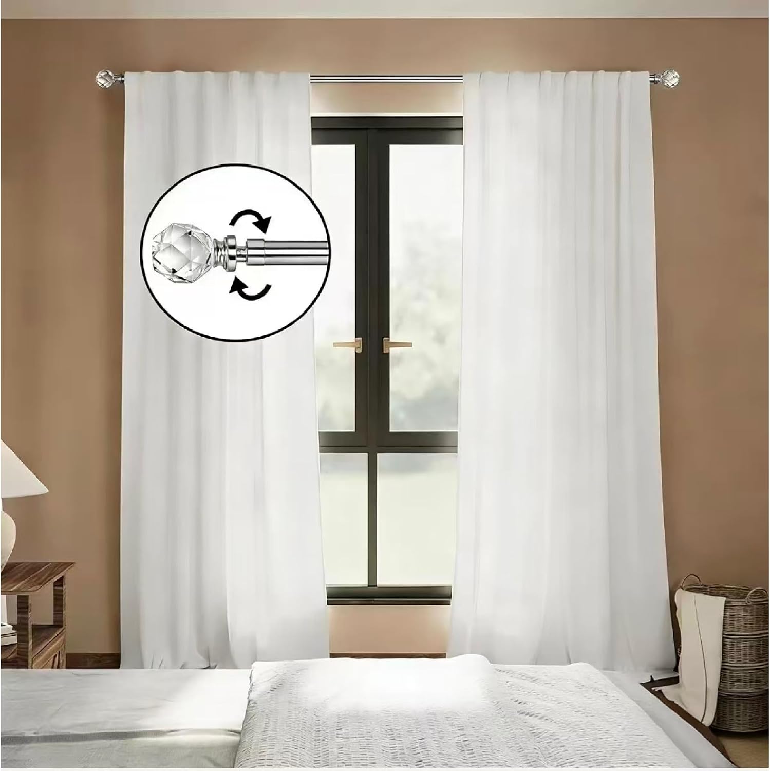 Brushed Silver Curtain Rods for Windows 24 to 68 Inch, Adjustable 36-72 Inch Single Long Drapery Rod with Crystal Diamond Finials, Heavy Duty Decorative Window Treatment Rods for Dinning Room