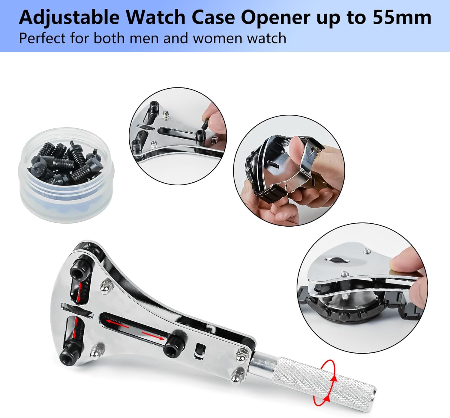 Condition photo showing New/Like New for watch repair kit + watch press, watches band link pin set with carrying case, watch battery replacement tool kit, watch tools with spring bar tool