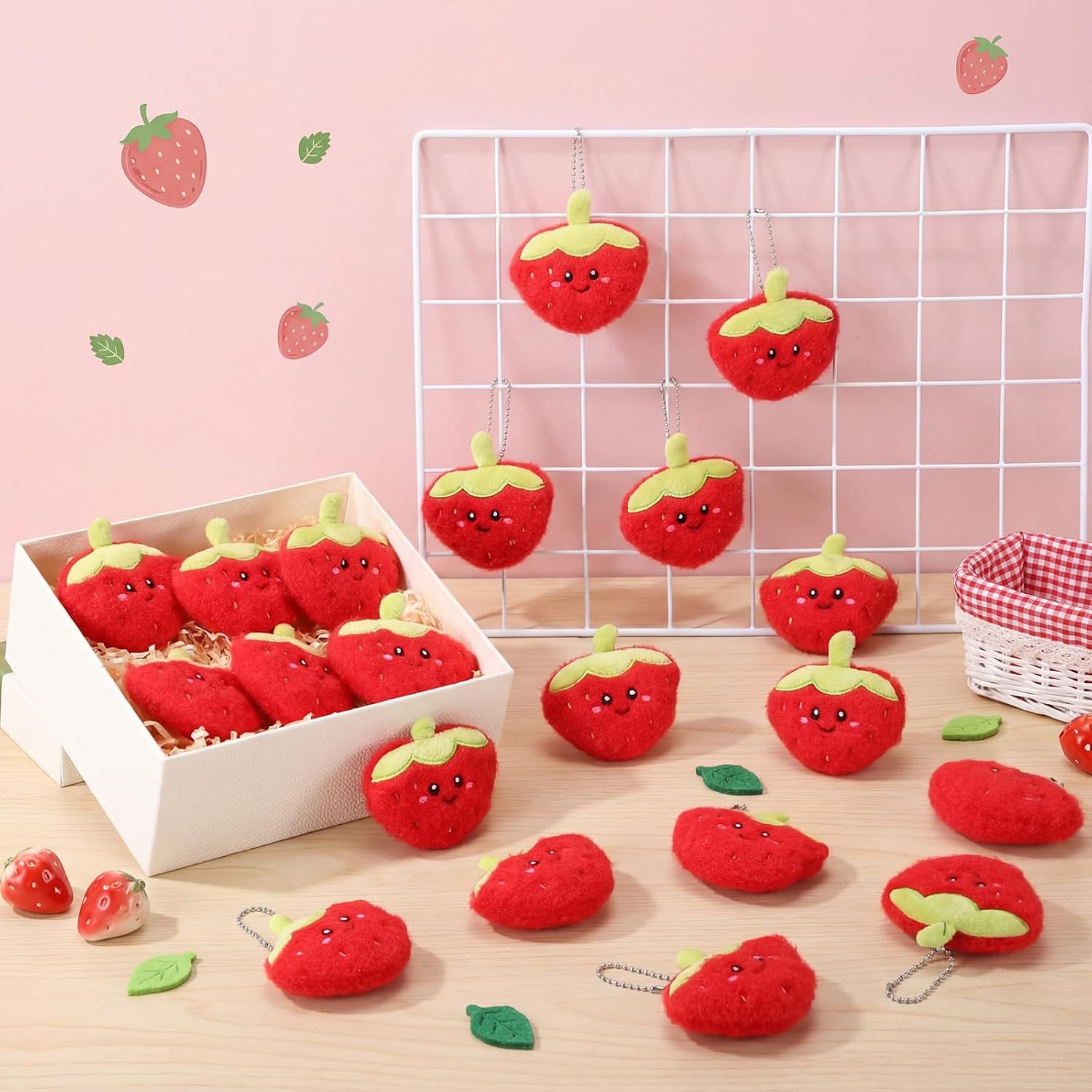 Meooeck 12 Pcs Strawberry Party Favors Bulk Cute Strawberry Keychain Pendant Gift Kawaii Fruit Keychain Goodie Bag for Valentines Day Berry Birthday Party Supplies (Red)