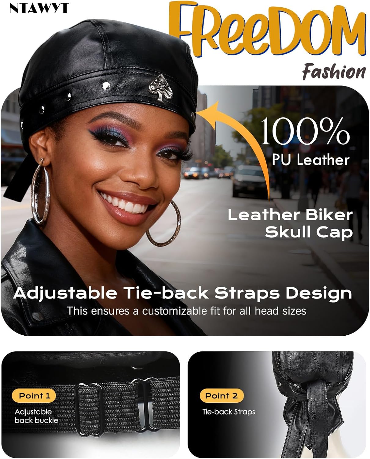 Leather Skull Cap - Adjustable Black Biker Skull Cap, Motorcycle Leather Hat Doo Rag Bandana - Image 4