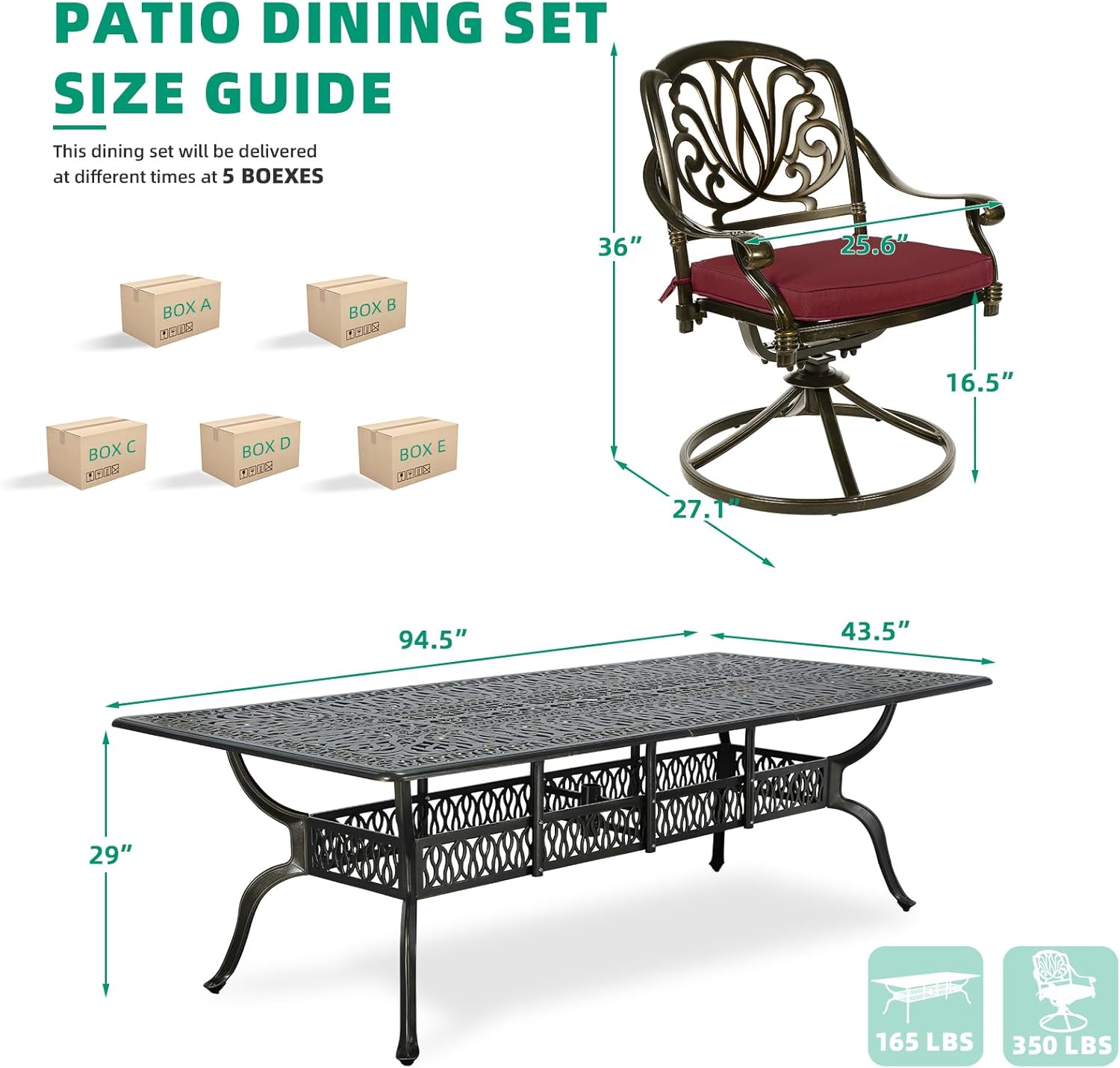 VIVIJASON 9-Piece Outdoor Dining Set, Cast Aluminum Retro Patio Furniture Table and Chairs Set for 8, Include 94.5" Rectangular Table and 8 Swivel Rocker Chairs with Umbrella Hole, Red Cushion