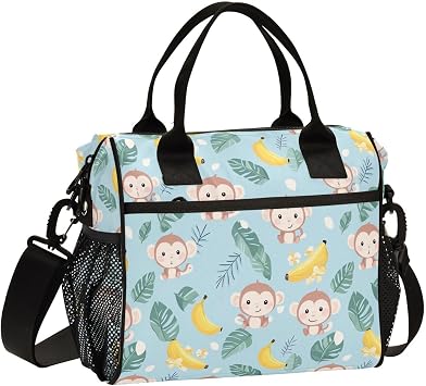 Cute Monkeys Banana Lunch Bag Reusable Lunch Tote Bags Insulated Leakproof Cooler Bag Lunch Box Adjustable Shoulder Meal Holder for Women Men Work Picnic Camping