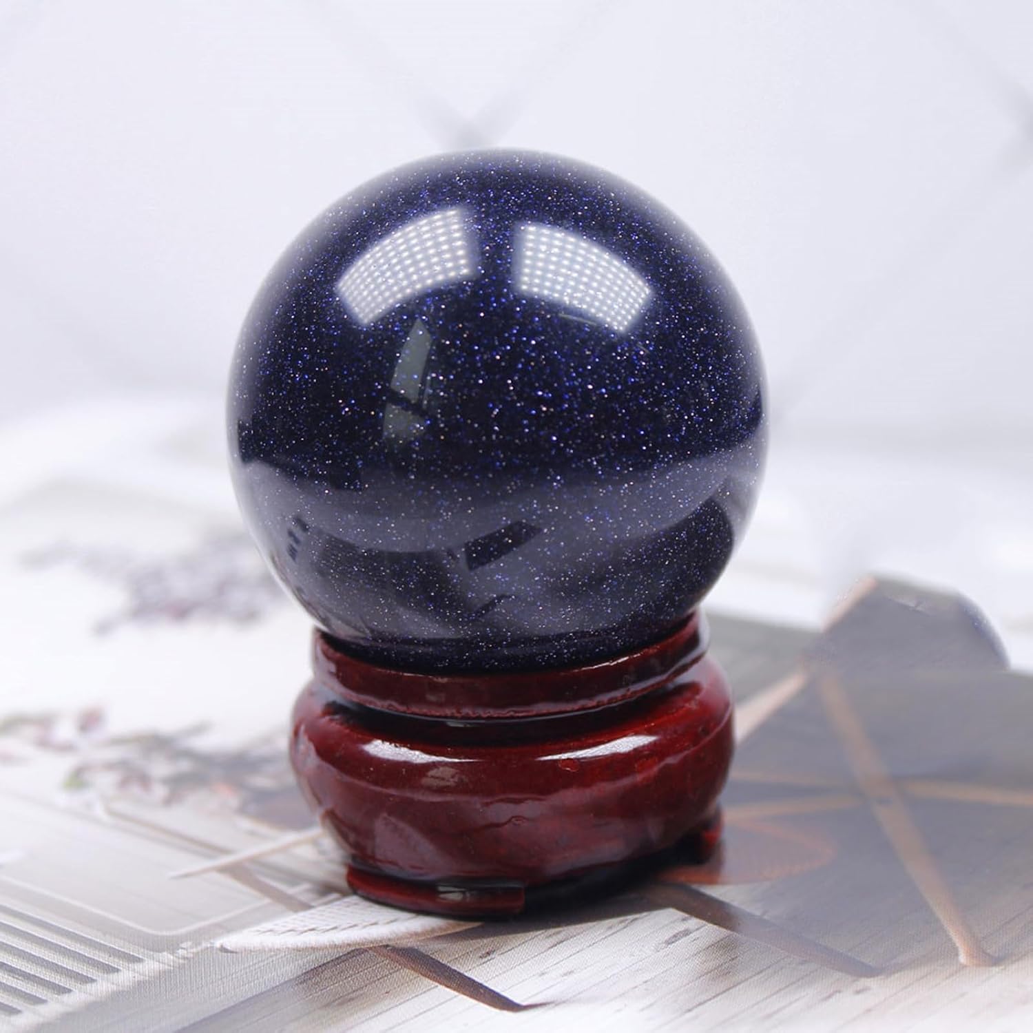 Decorative Quartz Crystal Ball Blue Sandstone Sphere with Wood Stand Crystals Round Collection Home Decor Crafts,40~50mm