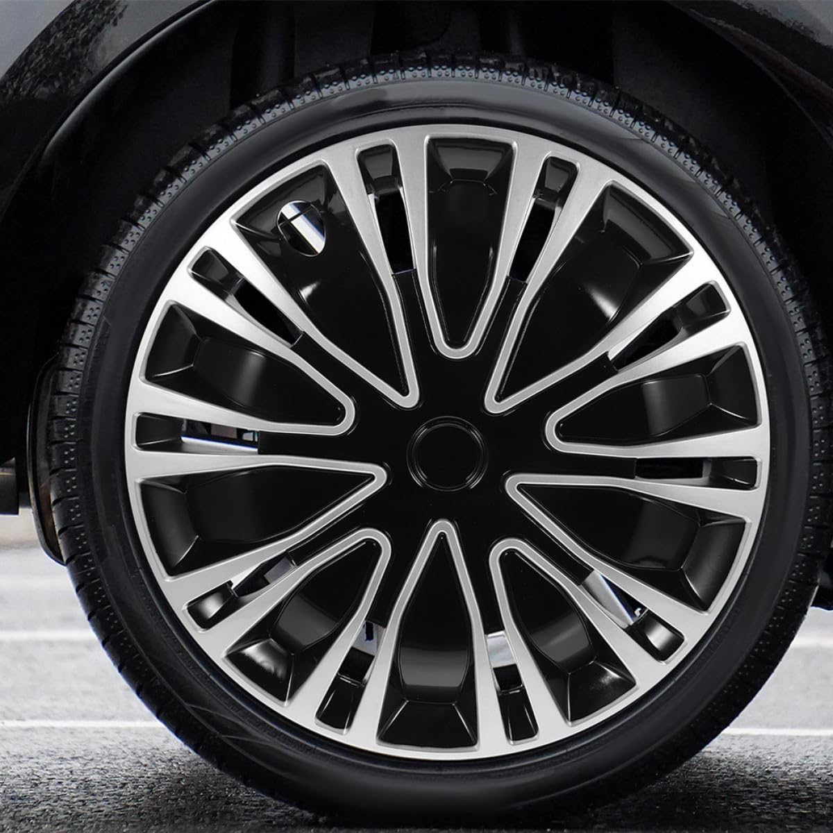 SHINEOFI Enjoliveur de roue de voiture en acier argenté noir pour roues de 14" en fer adapté aux véhicules