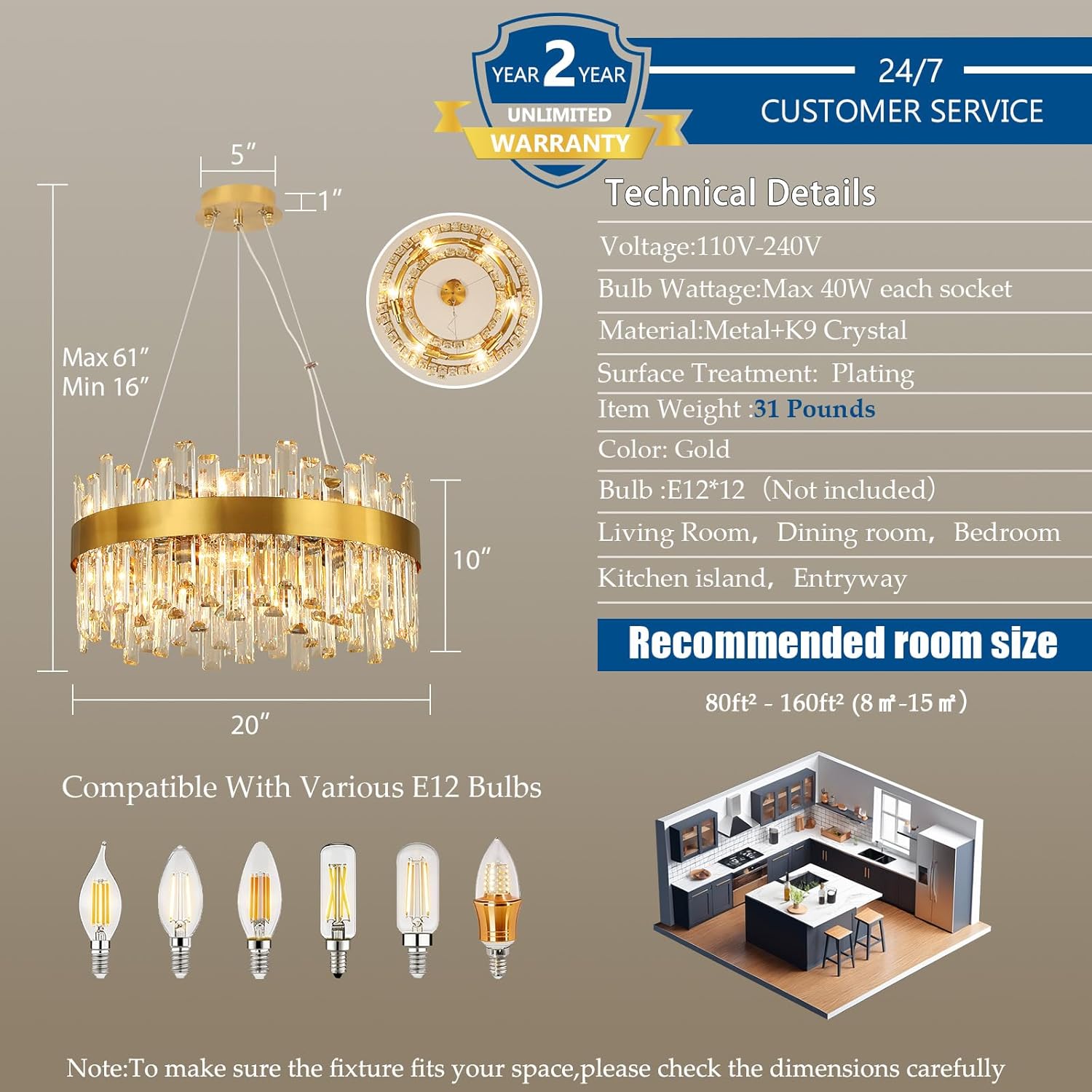 Crystal Chandeliers for Dining Room Lights Fixtures, 12 Lights Luxury Gold Modern Chandeliers for Bedroom, 2-Tier Round Crystal Lighting Fixtures for Living Room Entryway Kitchen Island D20 Inch