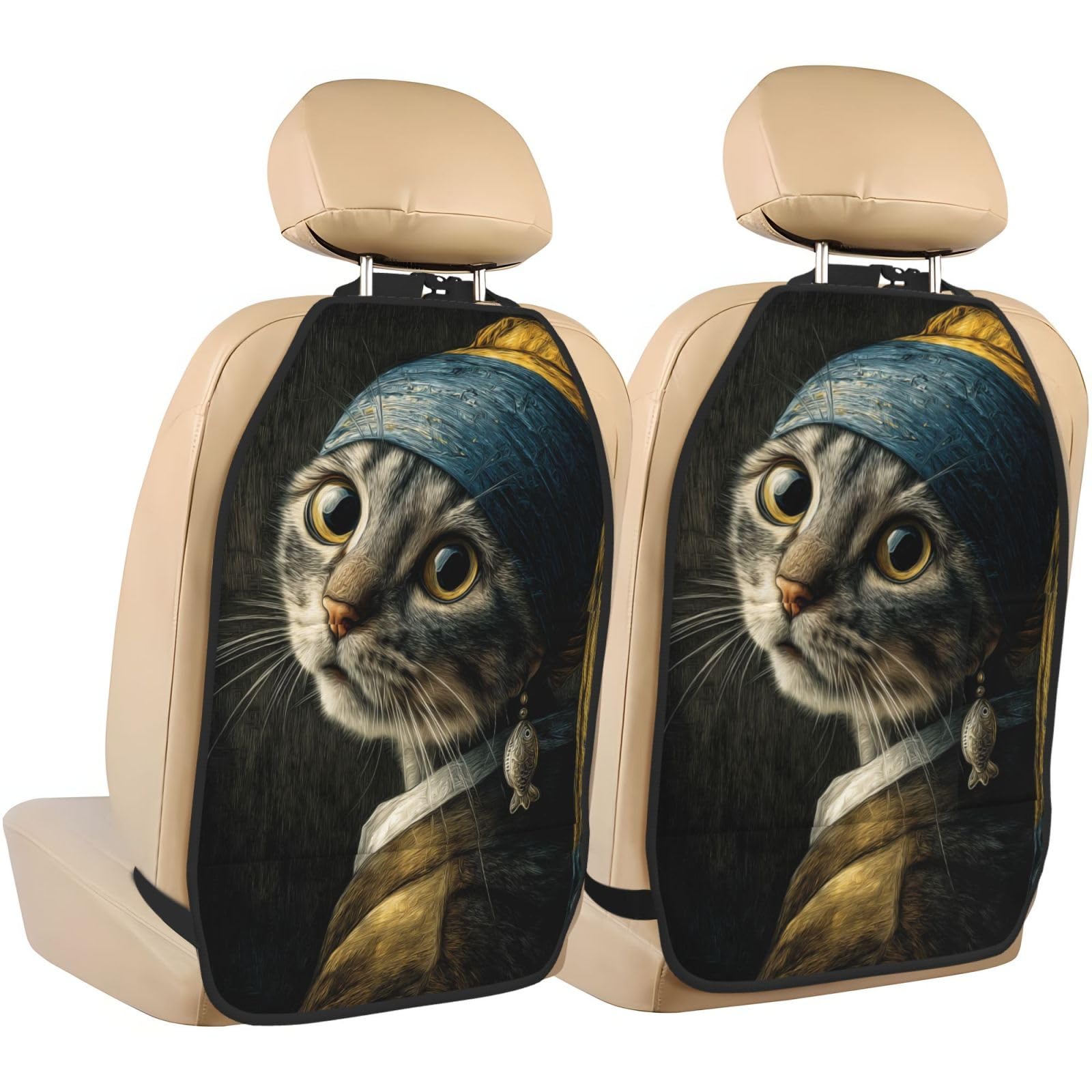 Funny Cat Wearing Blue Yellow Headscarf Car Seat Back Kick Protectors,2 Pack Kick Mats With Storage Pockets For Vehicles To Protect From Dirt Mud Scratches