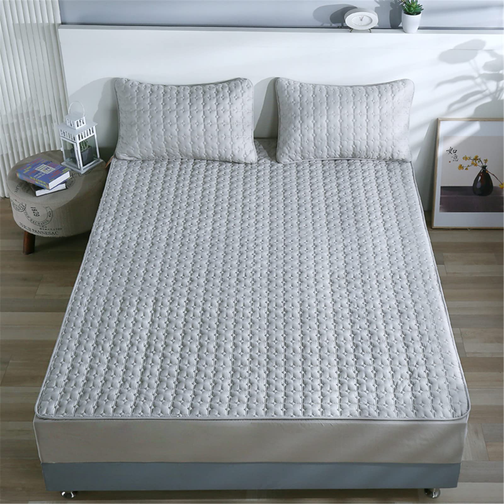 Protector Colchón, Protector de colchón Acolchado con Triple Relleno, Funda Colchon de Rizo Transpirable y Hipoalergénico, Antiácaros (Gris,Grueso 180x200cm)