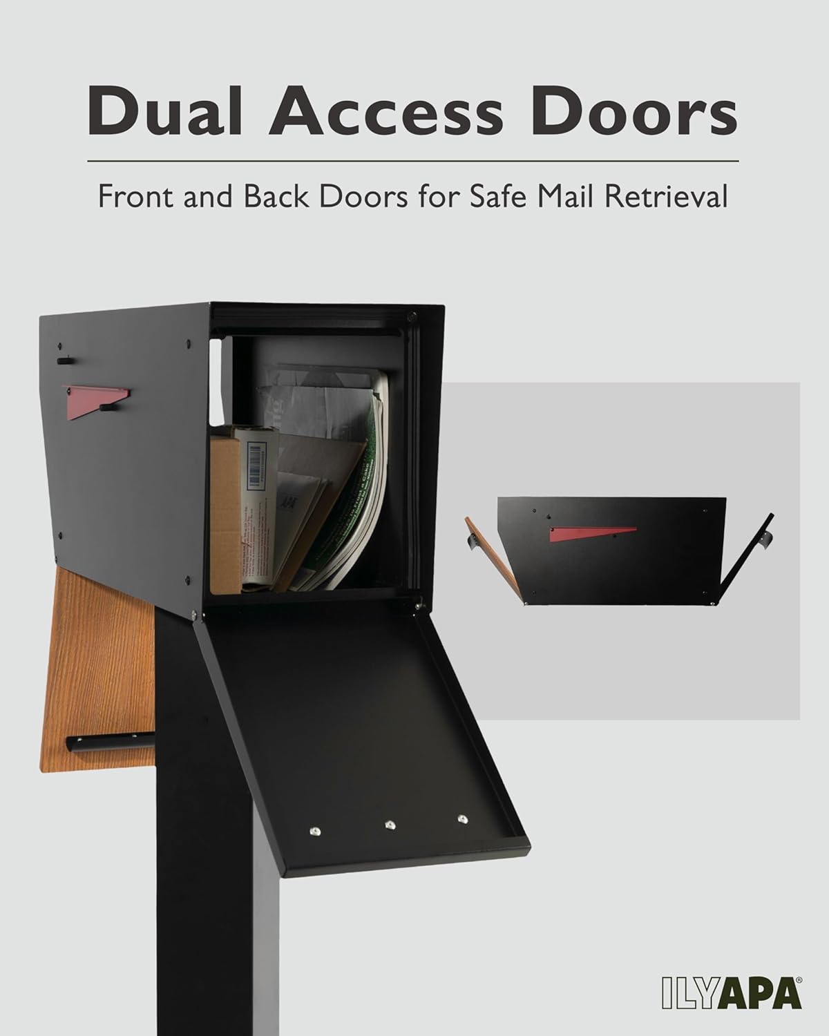 Ilyapa Black Modern Mailbox Post Mount Mailboxes for Outside- Powder Coated Steel Metal Mail Box with Rear Door, Outdoor All Weather & Corrosion Resistant, Stainless Steel Hinges & Magnetic Door