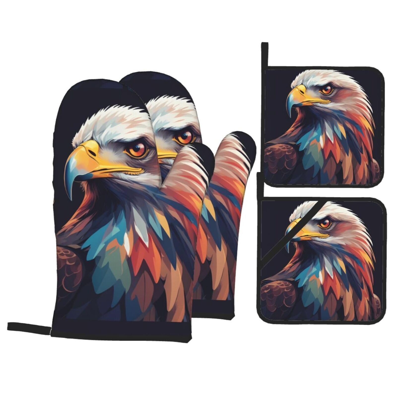 HJFCZH A Multicoloured Eagle Picture Kitchen Baking Set of 4 Thick Insulated Oven Mitt & Pot Holders, Anti-Scalding for Microwave, Oven, Outdoor BBQ