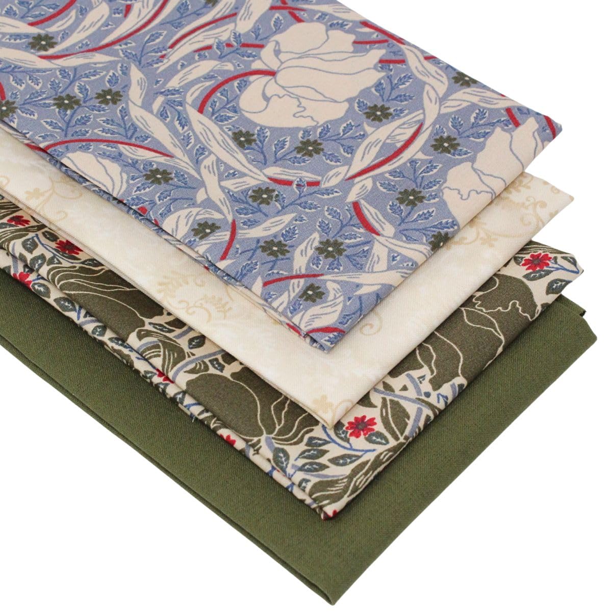 4 Fat Quarters Bundle - Nouveau Garden - Classic Floral Fabric Designs in Shades of Green & Blue. 100% Cotton Ideal for Quilting, Patchwork & Crafting (with free patchwork pattern by Overdale Fabrics)