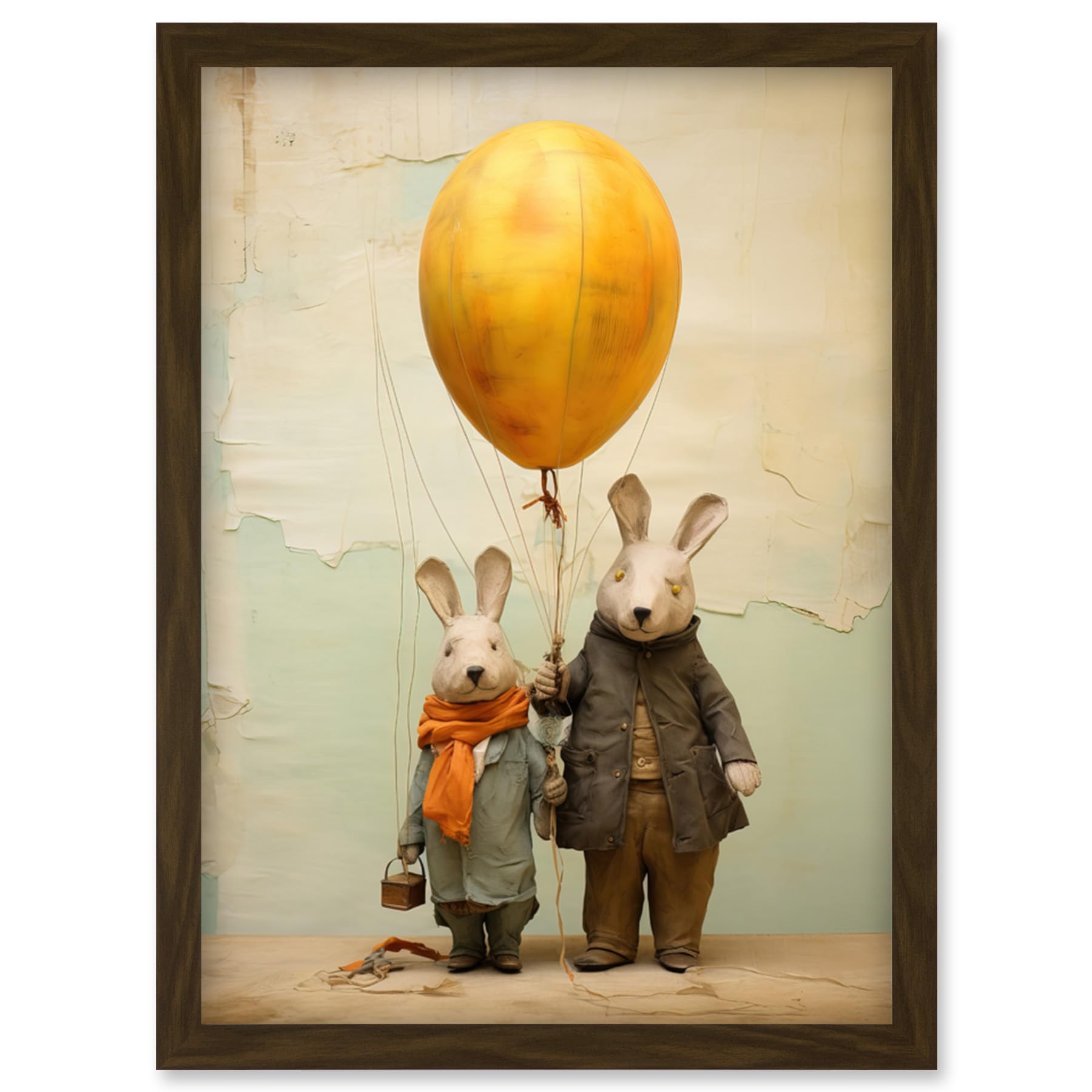 Artery8 Cute Nursery Artwork Rabbits and Balloon Adventure Oil Painting Artwork Framed Wall Art Print A4