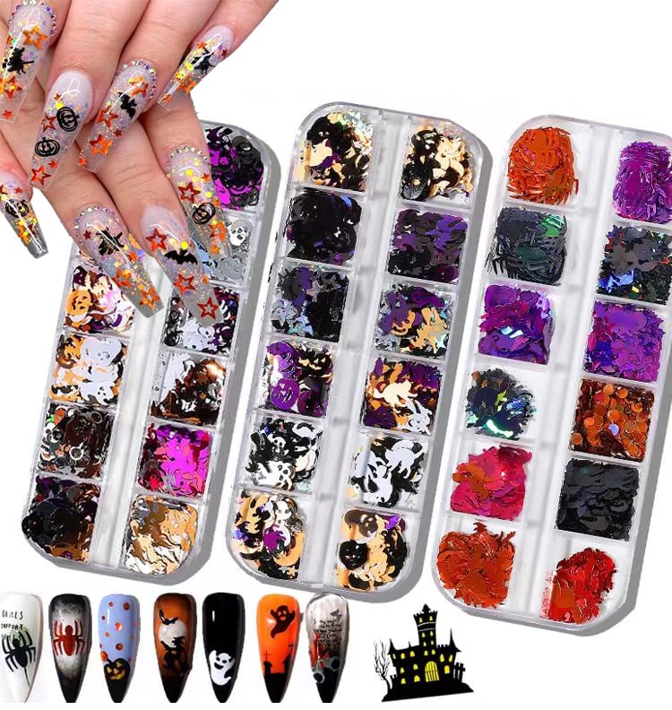 3 Boxes Halloween Nail Art Glitter Sequins 3D Holographic Skull Spider Pumpkin Bat Ghost Witch Shape Confetti Glitter for DIY Nail Art Halloween Party