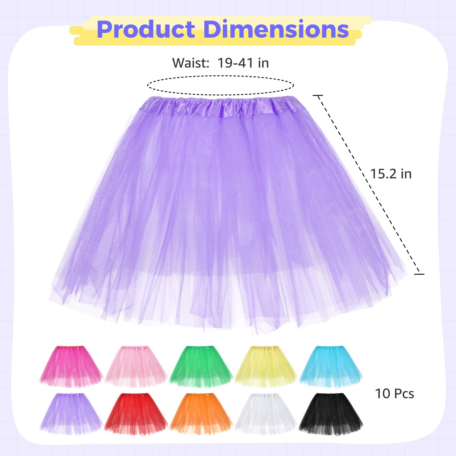 Paquete de 10 faldas tutú de 3 capas para mujer, poliéster suave, colores vibrantes, cómoda cintura elástica
