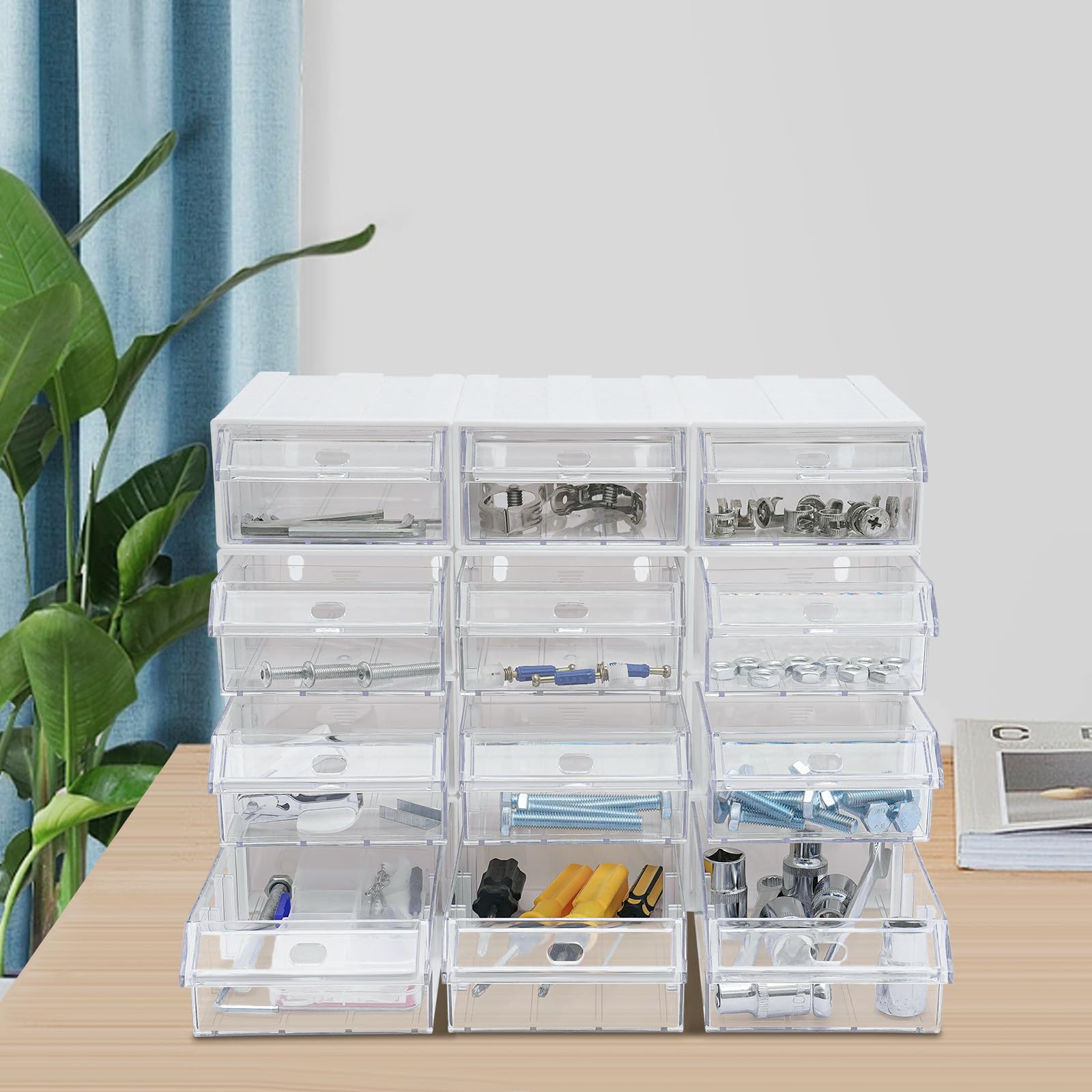 12 scatole di plastica trasparente con 24 dividers e 12 giorni per carte di archiviazione, impilabili, cassetto, organizer multistrato, per cancelleria, materiali da ufficio, gioielli