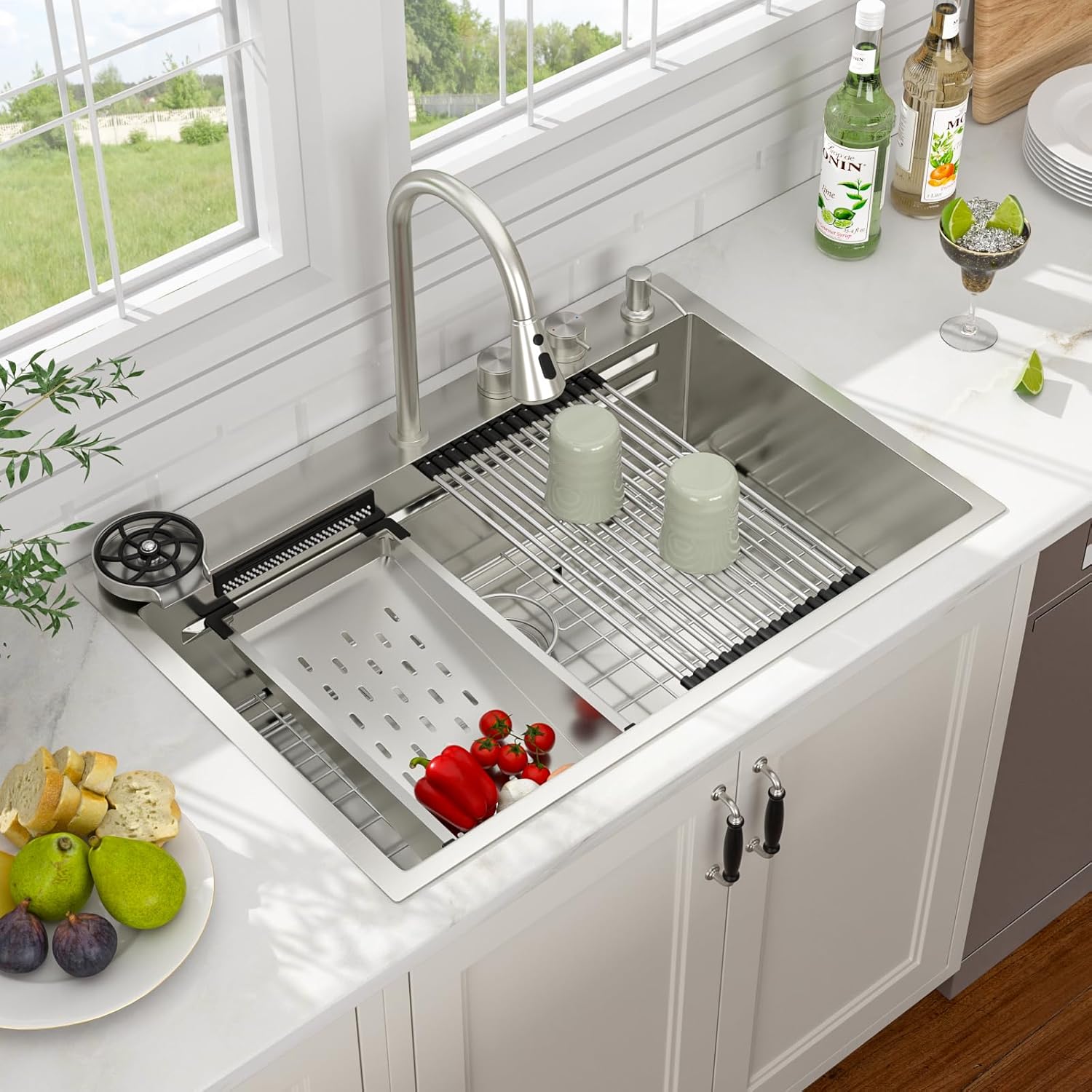 33x22 Inch Waterfall Kitchen Sink Drop In Multifunctional Workstation With Faucet Combo, Topmount 16 Gauge Stainless Steel Single Bowl, Modern Smart Design #LOF-L-DOE00004