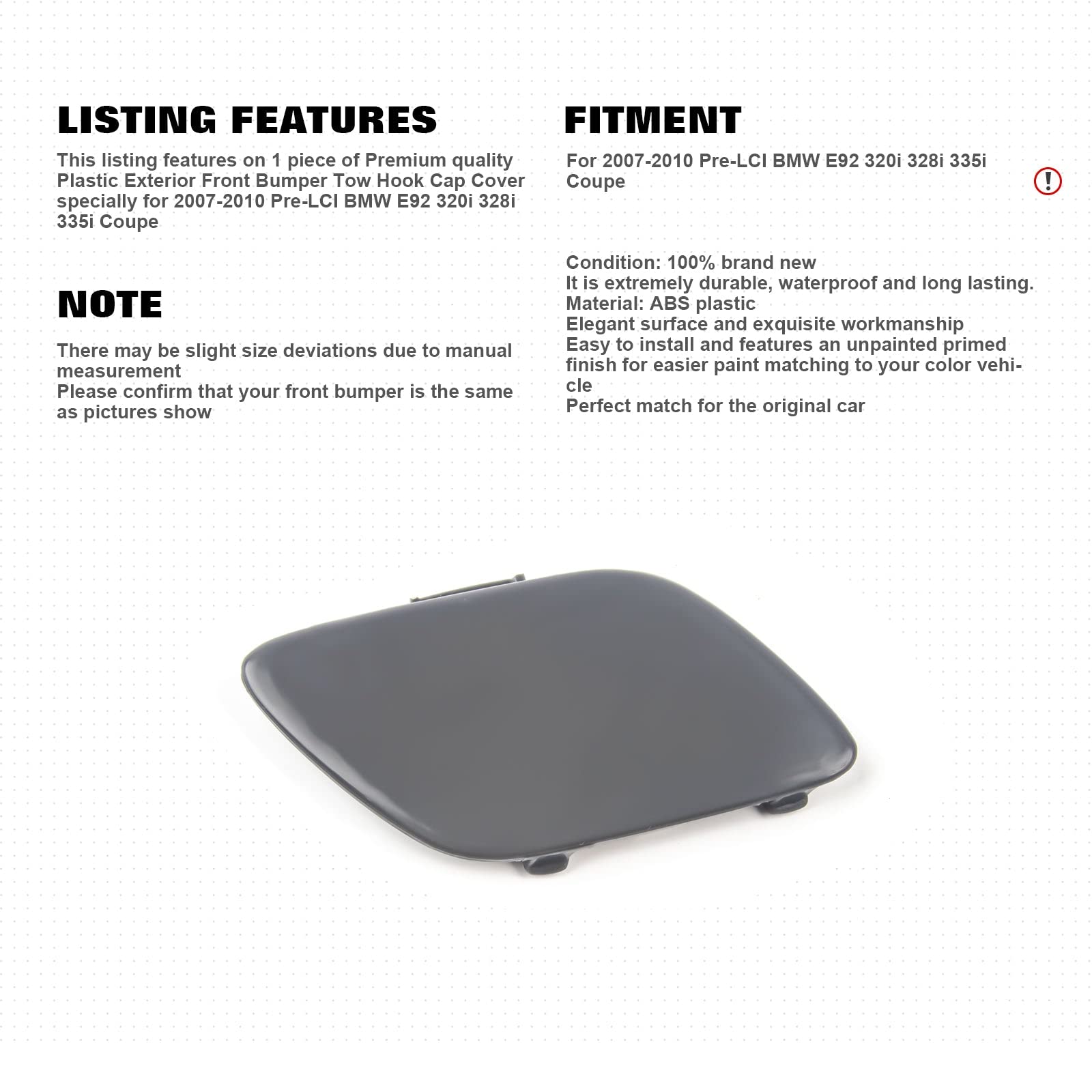 Xotic Tech Front Bumper Tow Hook Cap Cover Replacement Eye Compatible with BMW Pre-LCI Model E92 3 Series 328i 335i 2007-2010 Coupe