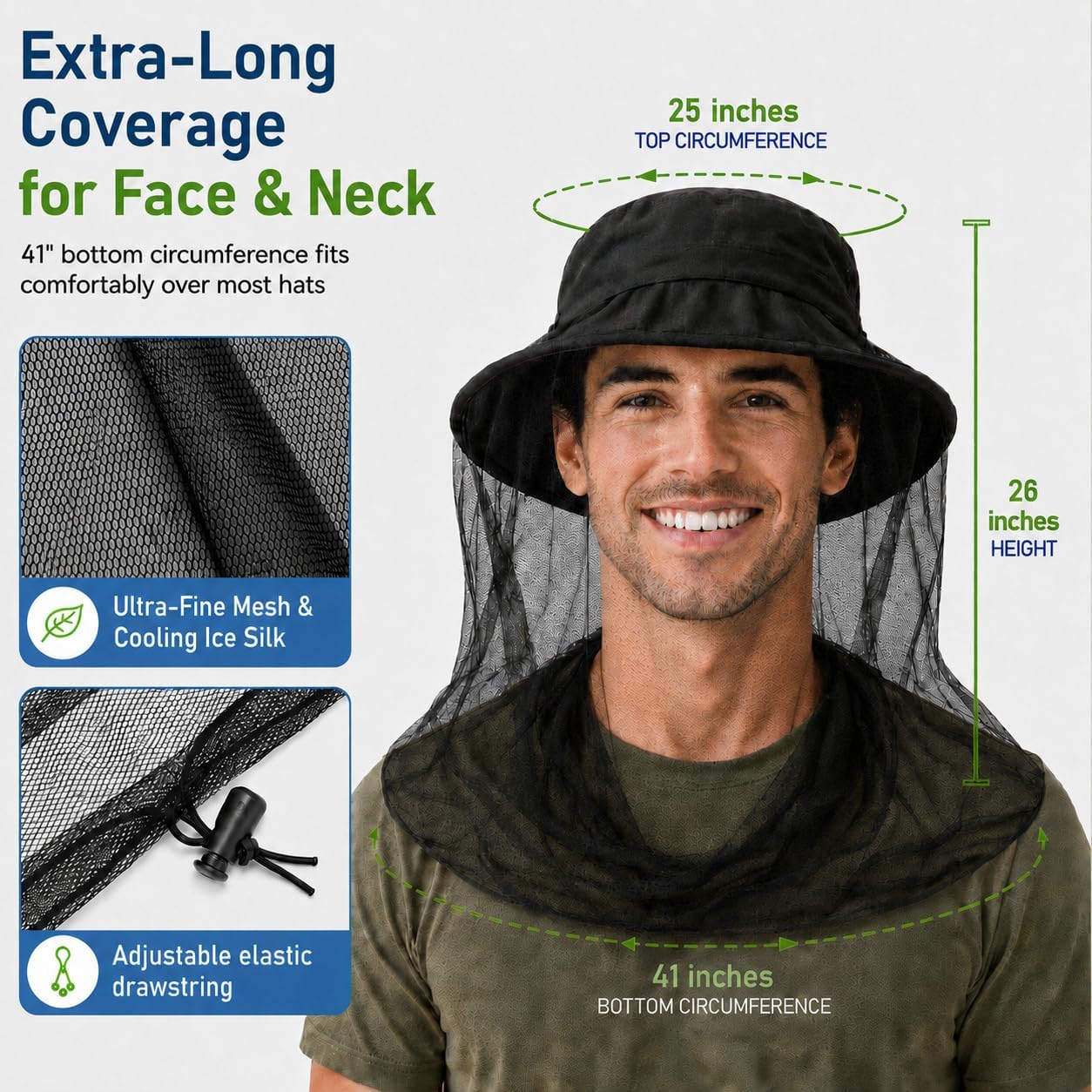 Mosquito Head Net Extra Fine Mesh Bug Net for Head with Drawstring Breathable Mosquito Net Hat for Camping Hiking Fishing