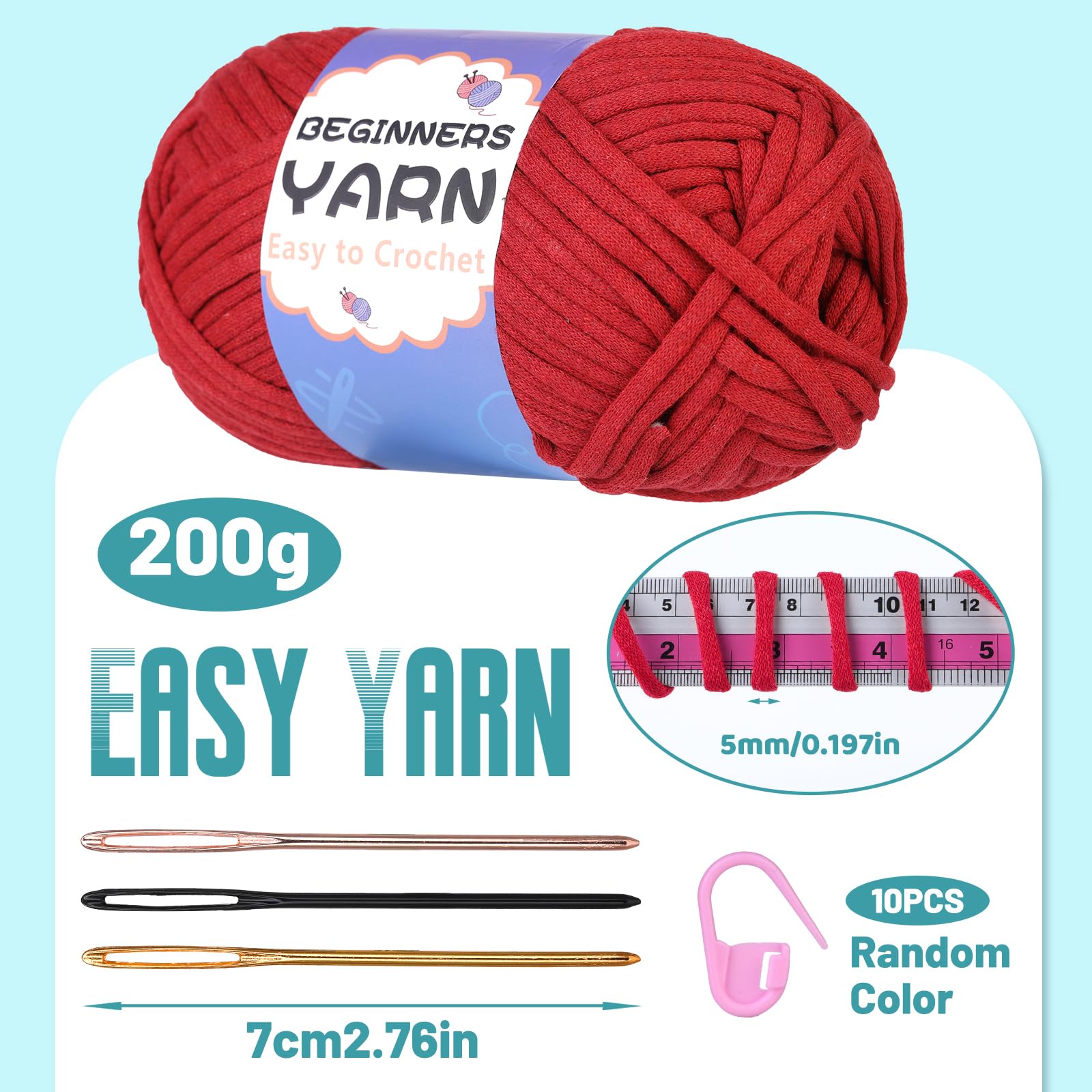 200g/7Oz Yarn for Crocheting, Crochet Yarns, Easy Yarn for Beginners with Easy-to-See Stitches, Stitch Marker, Big Eye Blunt Needle, Beginner Yarns for Crocheting (Dark Red)