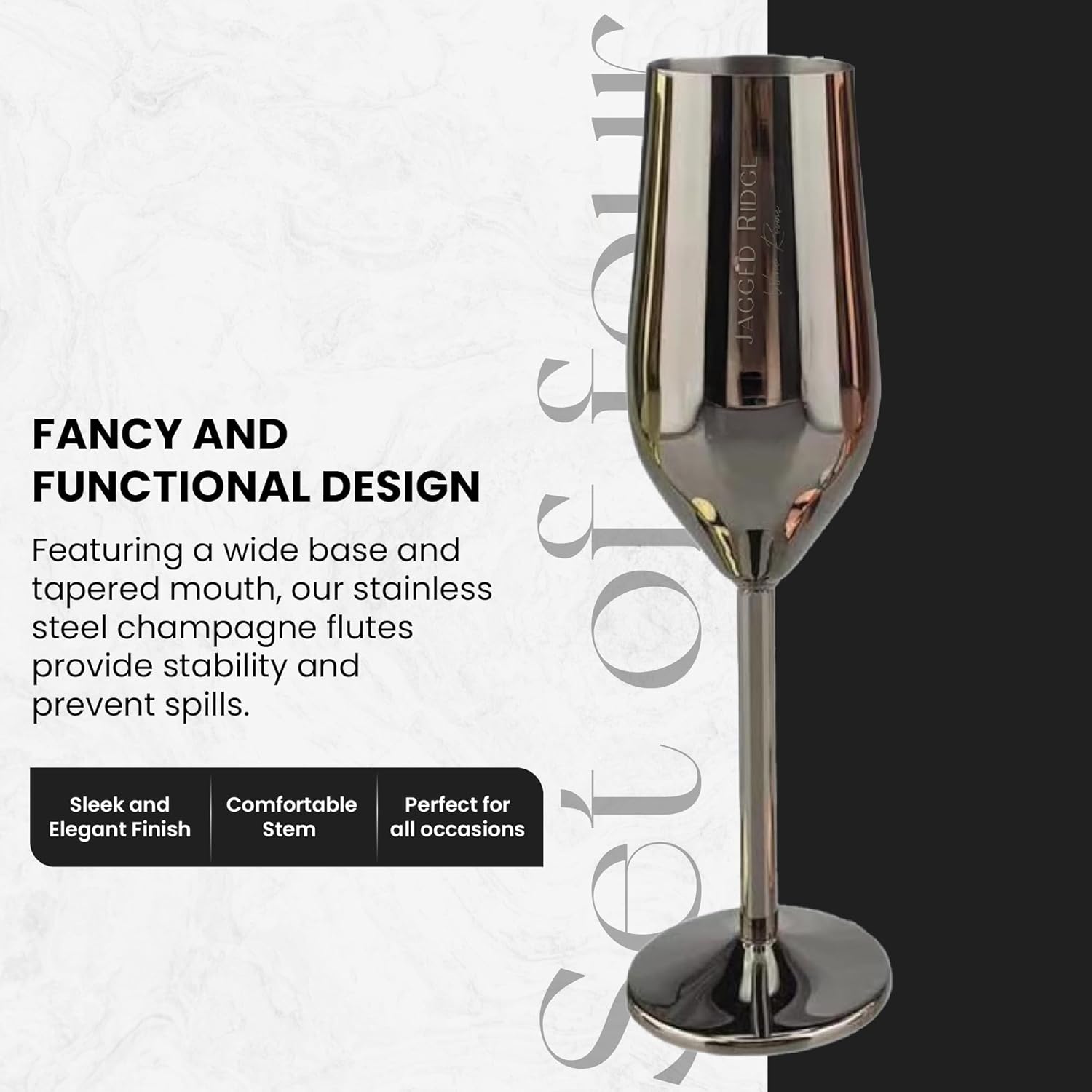 Jagged Ridge Wine Rooms Stainless Steel Champagne Flutes (Handwash Only) - Classy Steel Champagne Glass for Parties, Picnics & Special Occasions - Crafted for All Wine Enthusiasts - Set of 4 (Black)