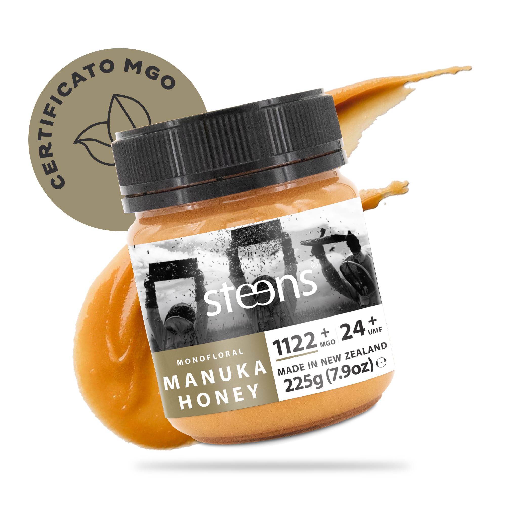 Steens Miele di Manuka - MGO 1122+ - Puro Miele Manuka grezzo 100% certificato UMF 24+ - Invasettato e sigillato in Nuova Zelanda - Manuka Honey - 225 g