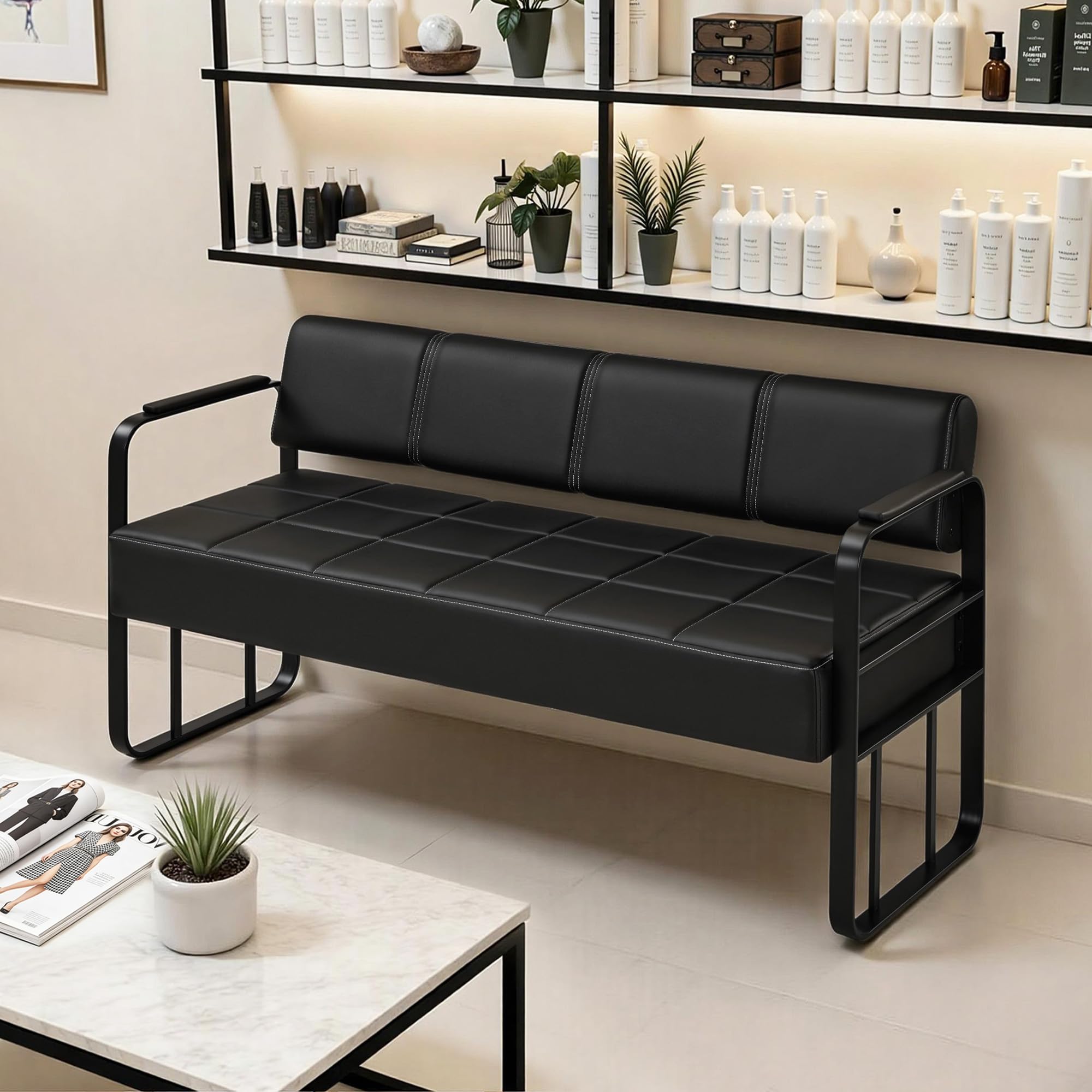 Barberpub Panchina a 3 posti con braccioli nero opaco, panca imbottita con schienale, larghezza seduta 144 cm, panca d'attesa per parrucchiere, panca da soggiorno W528 (Nero/pelle sintetica)