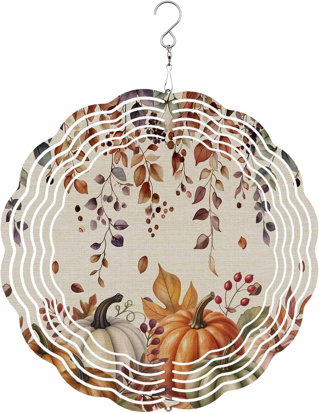 Fall Wind Spinners, Autumn Foliage Pumpkin Berry Linen Texture Hanging Wind Spinners for Yard and Garden 3D Stainless Steel Metal Sculptures Crafts Ornaments 12 Inch