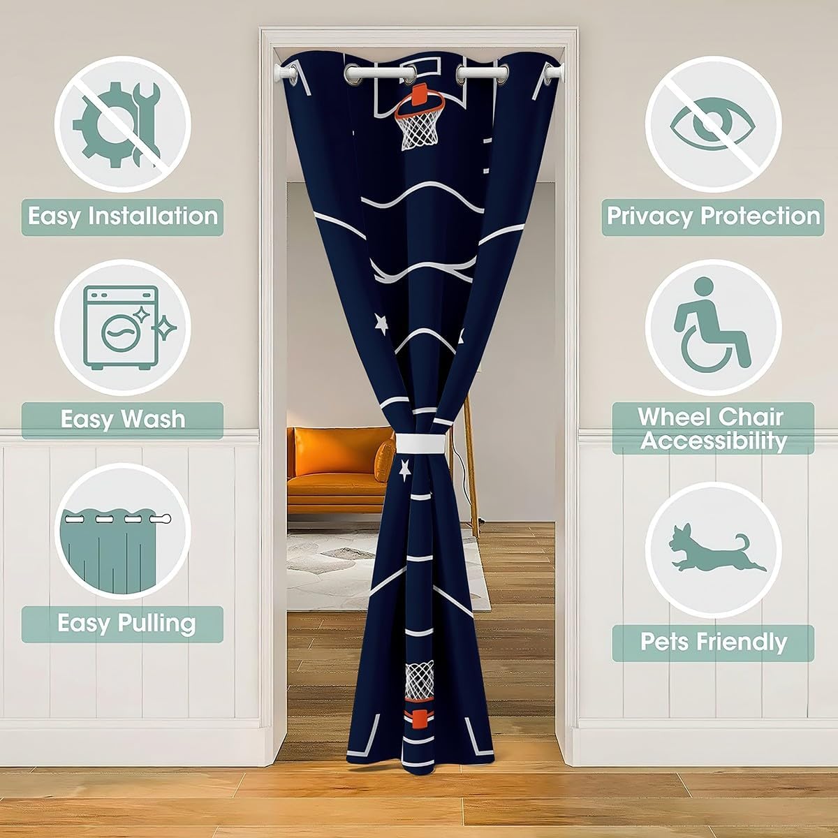 Manfei Basketball Field Doorway Curtain 1 Panel,Sporting Ball Game Theme Navy Door Cover Curtain,Modern Geometric Lines Circles Stars Blackout Door Curtain for Living Room, 80"×34"