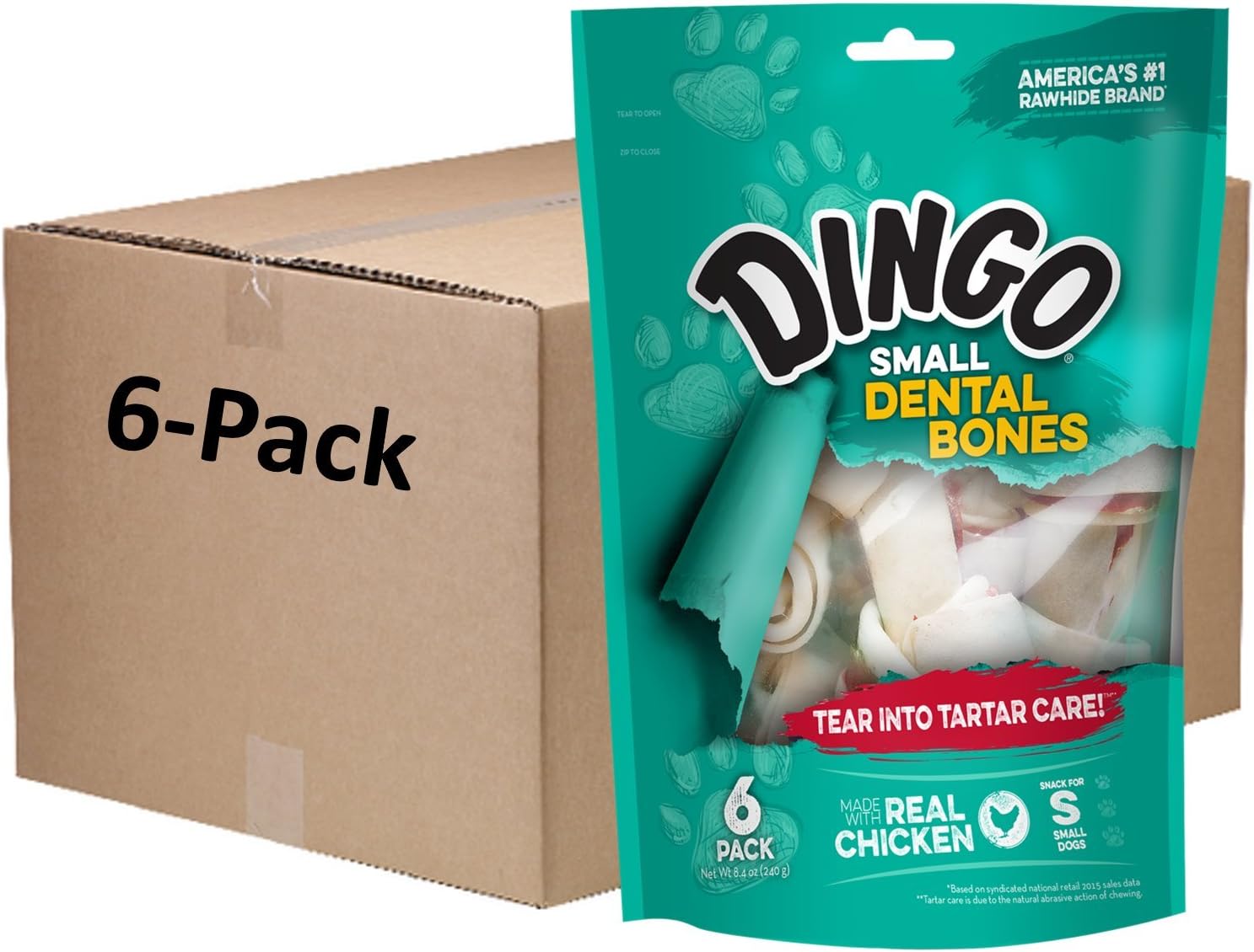 Dingo Small Dental Bones 6 Count, Rawhide Chews for Dogs, Natural Chewing Action Helps Clean Teeth
