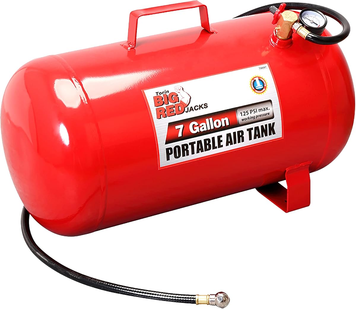 T88007 Torin Portable Horizontal Air Tank with 36" Hose, 7 Gallon Capacity, Red