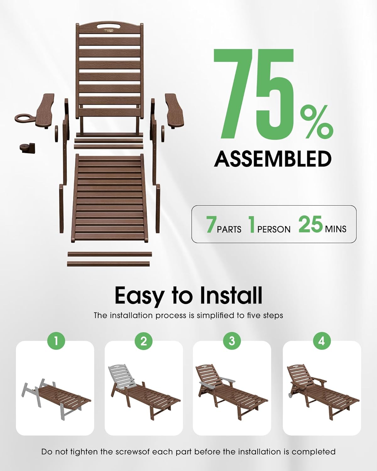 Chaise Lounge Outdoor, Lounge Chair Outdoor with Wood Texture, Adjustable 5-Position Backrest, HDPE Lounge Chair with Wheels & Cup Holder for Pool Deck Backyard, Brown