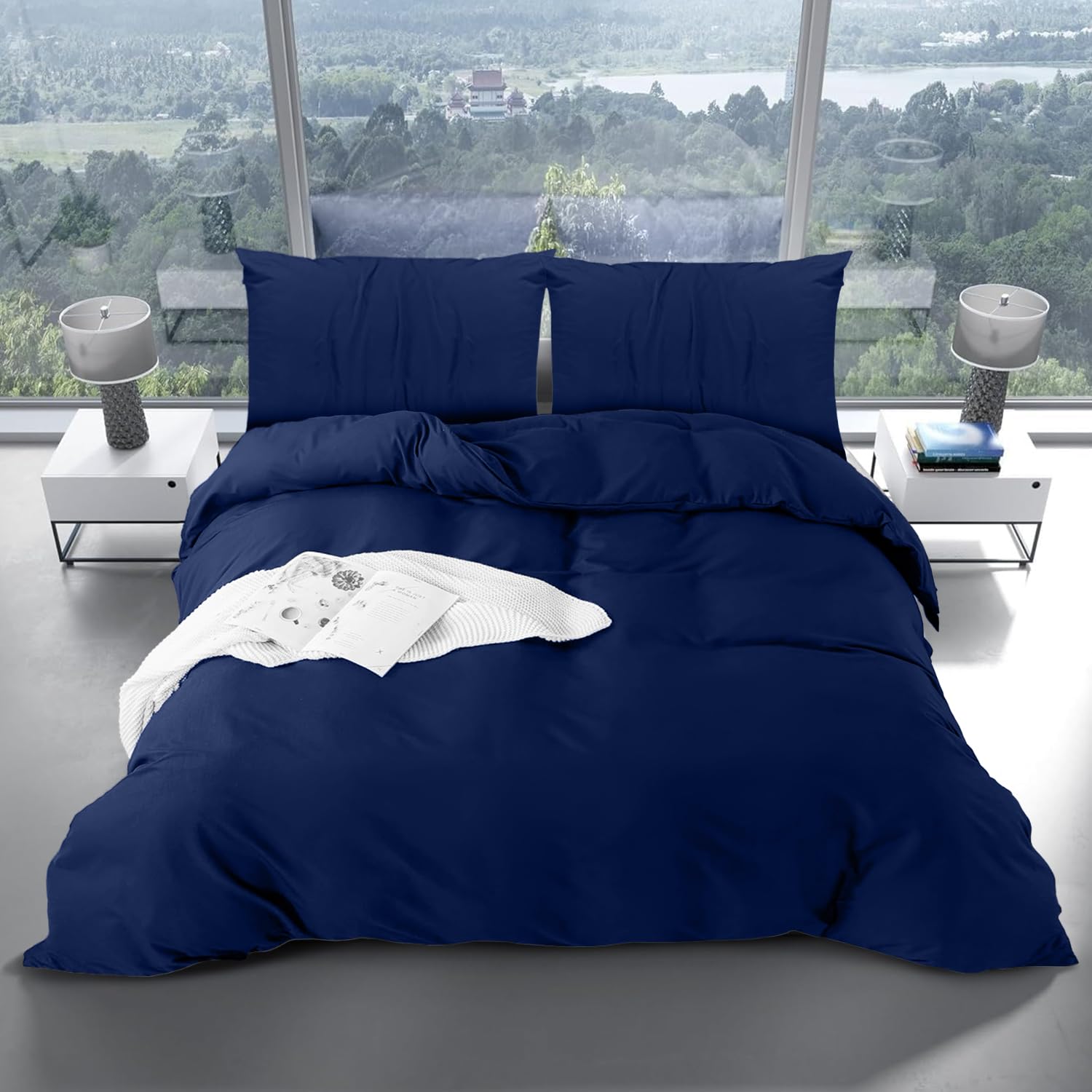 Yorkshire Bedding Duvet Cover Sets Soft Breathable Brushed Microfibre Plain Double Duvet Cover with Pillow cases Button Closure Quilt Cover Bed Set Navy