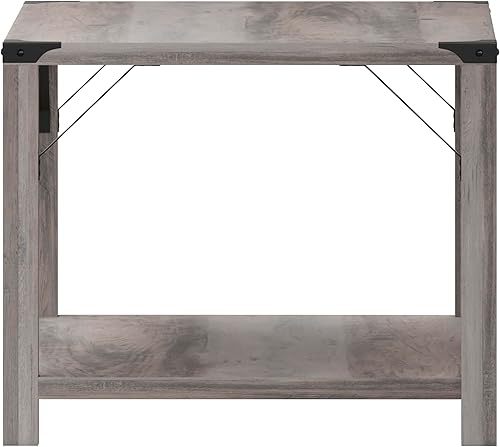 Miniatura 8 de BizChair Modern Farmhouse - Mesa auxiliar de 2 niveles, marco de madera de ingeniería gris lavado, soportes laterales entrecruzados de metal negro y