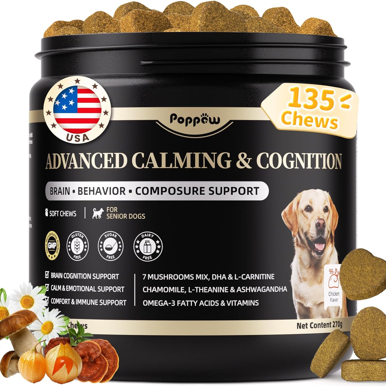 Advanced Calming Chews for Dogs-Brain & Composure Support with 7 Mushrooms, Ashwagandha, Omega-3 DHA & EPA, Anxiety Relief Dog Calming Treat, All Breeds & Sizes, Chicken Flavor, 135Ct