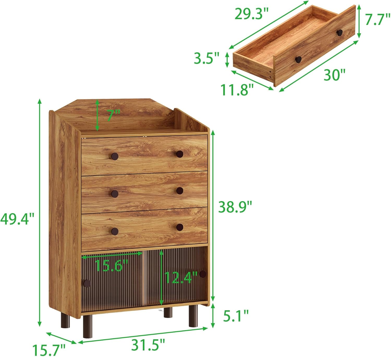 Side Board, Kitchen Buffet, Sideboard Buffet Cabinet, Modern Entryway Storage Cabinet with 3 Drawers, 2 Shelves with Fluted Glass for Living Room, Brown(15.7" D x 31.5" W x 49.4" H)
