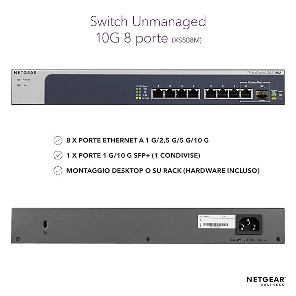 Netgear XS508M Switch Unmanaged a 8 Porte Multi Gigabit Ethernet 10G con 1 SFP da 10G Montaggio su DesktopRack e Assistenza ProSAFE